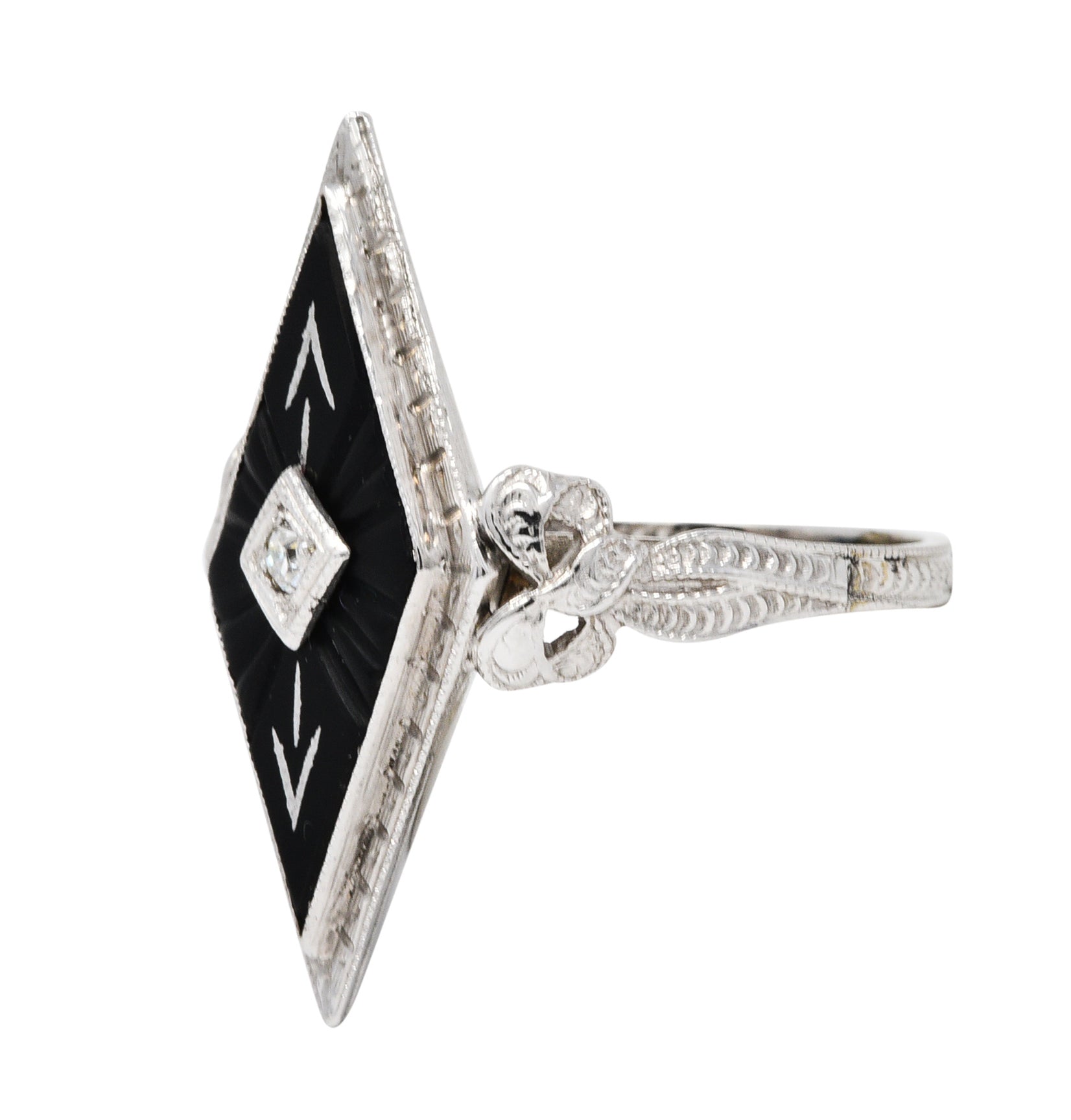 Art Deco Diamond Onyx 14 Karat White Gold Navette Dinner RingRing - Wilson's Estate Jewelry