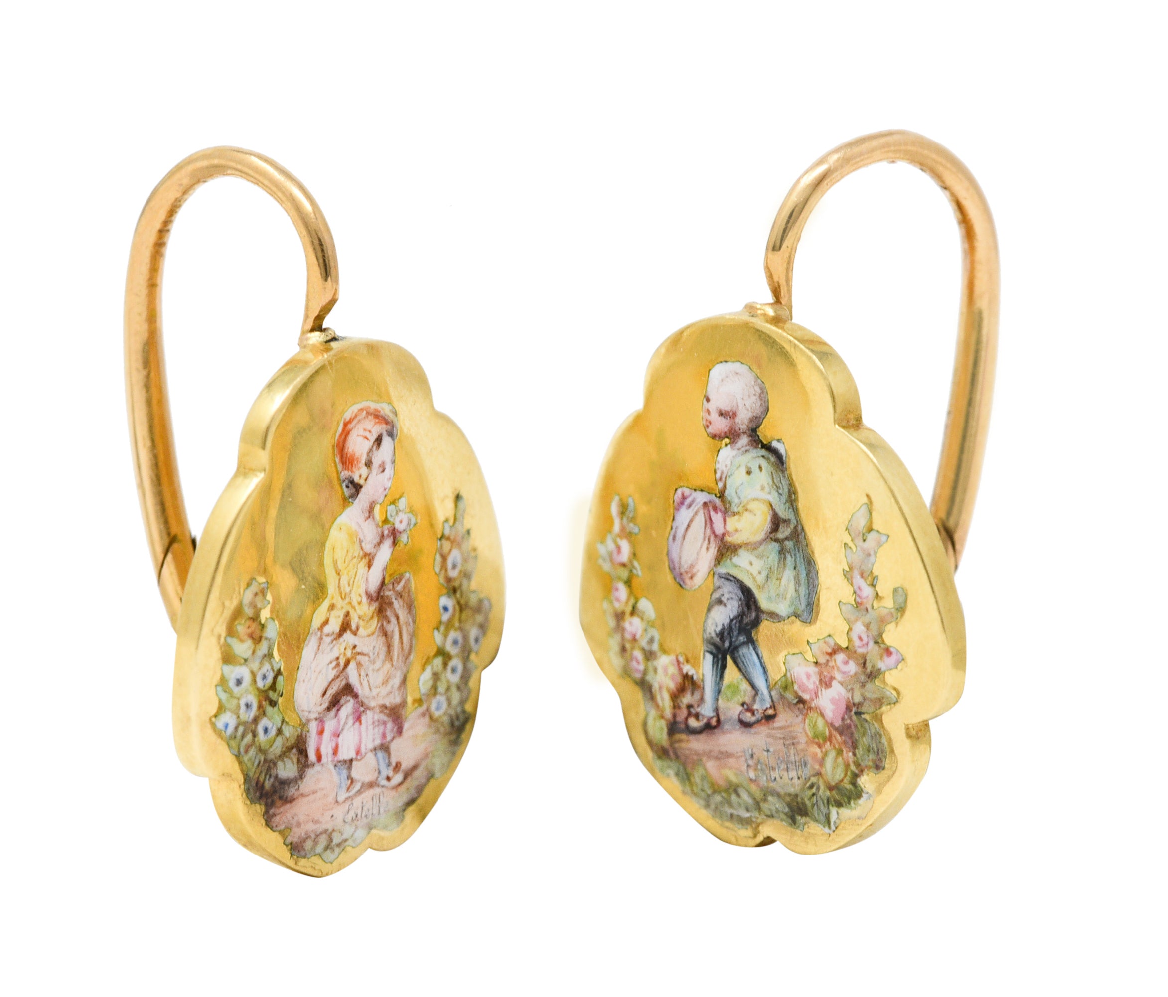 Victorian Painted Enamel 18 Karat Yellow Gold Children Portrait Antique Earrings Wilson's Estate Jewelry