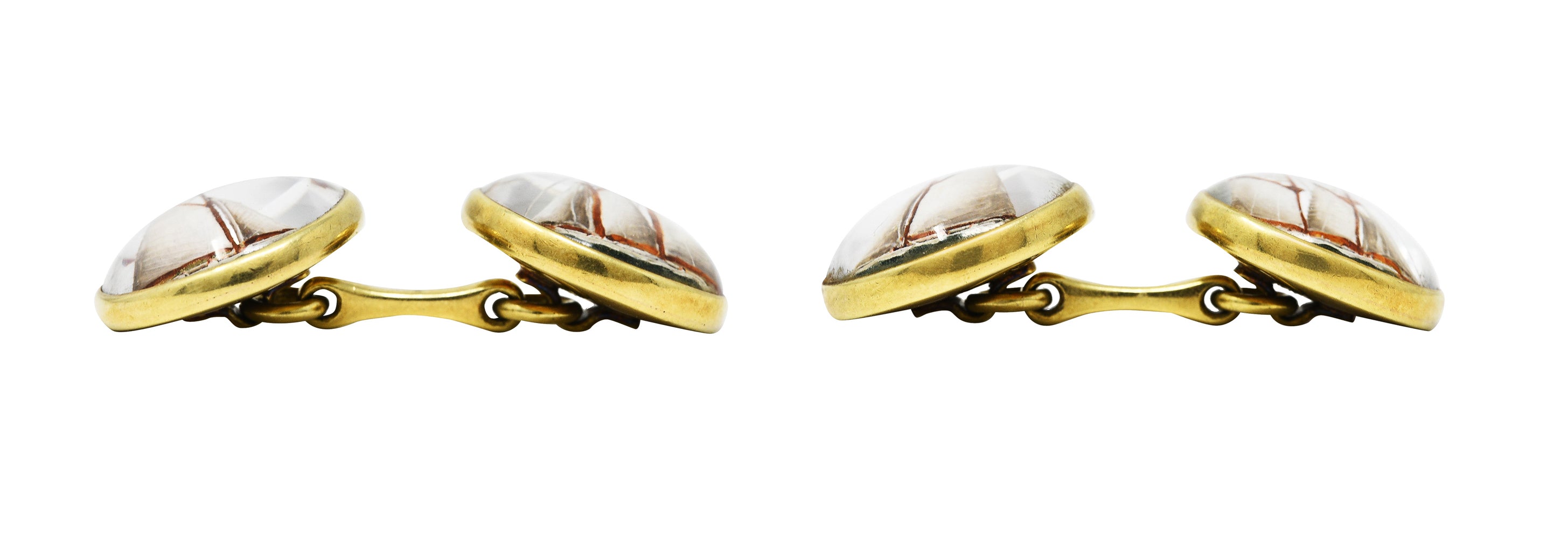 Marcus & Co. Edwardian Painted Essex Crystal Mother-Of-Pearl 14 Karat Yellow Gold Sailboat Antique Men's Cufflinks Wilson's Estate Jewelry