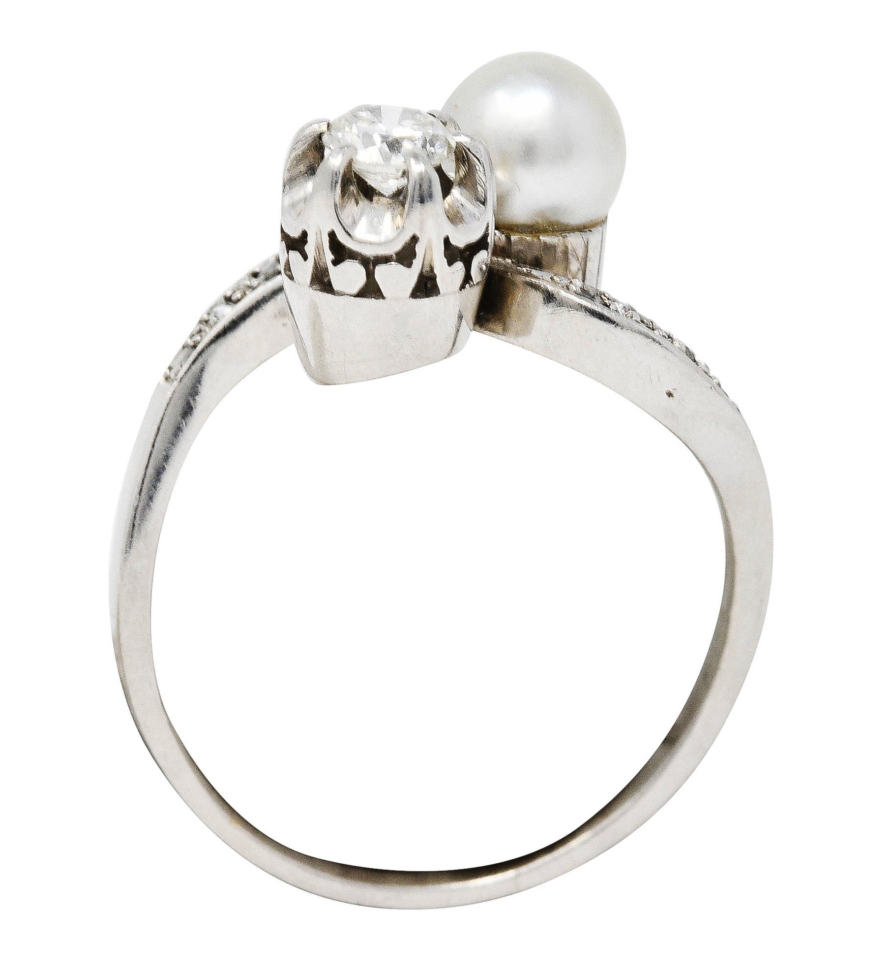 1920's Art Deco Diamond Pearl Platinum Toi Et Moi Bypass RingRing - Wilson's Estate Jewelry