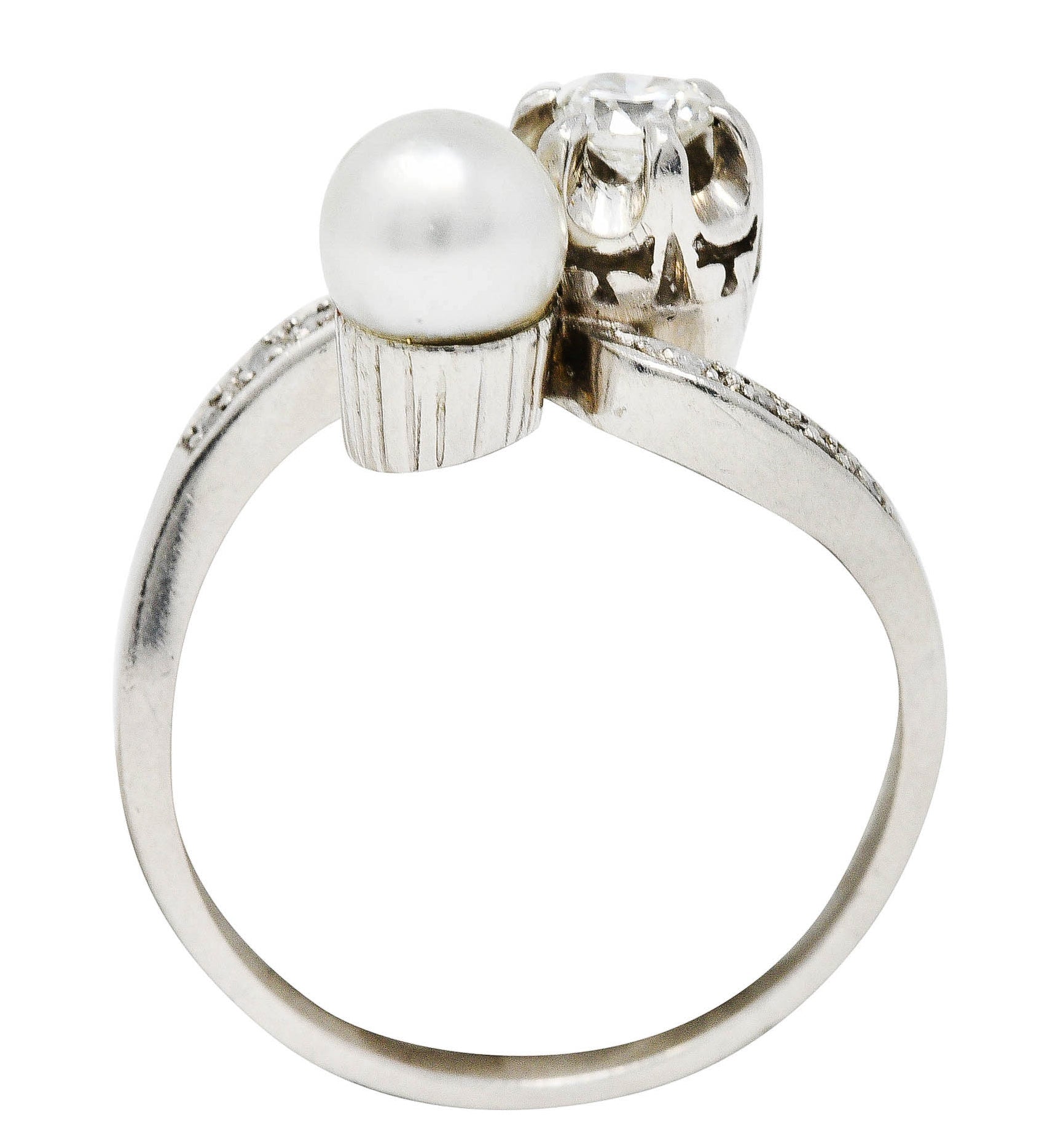 1920's Art Deco Diamond Pearl Platinum Toi Et Moi Bypass RingRing - Wilson's Estate Jewelry