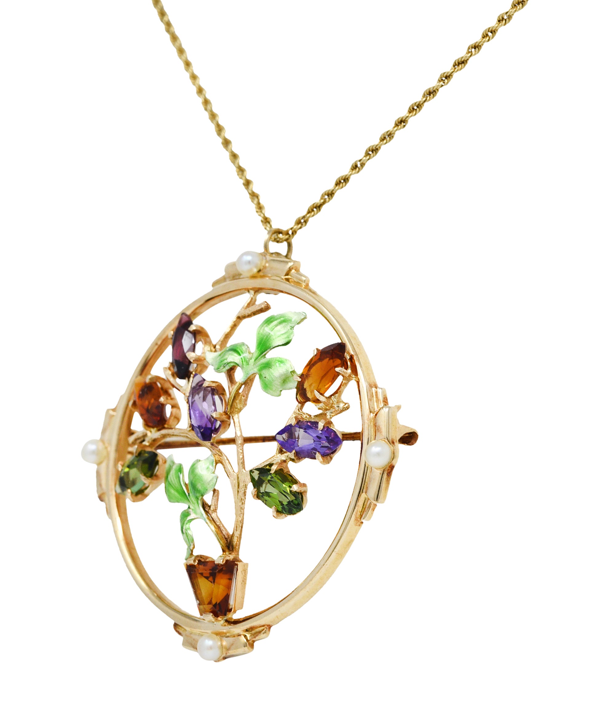 1930's Krementz Enamel Multi-Gem 14 Karat Gold Bouquet Pendant Brooch NecklaceNecklace - Wilson's Estate Jewelry