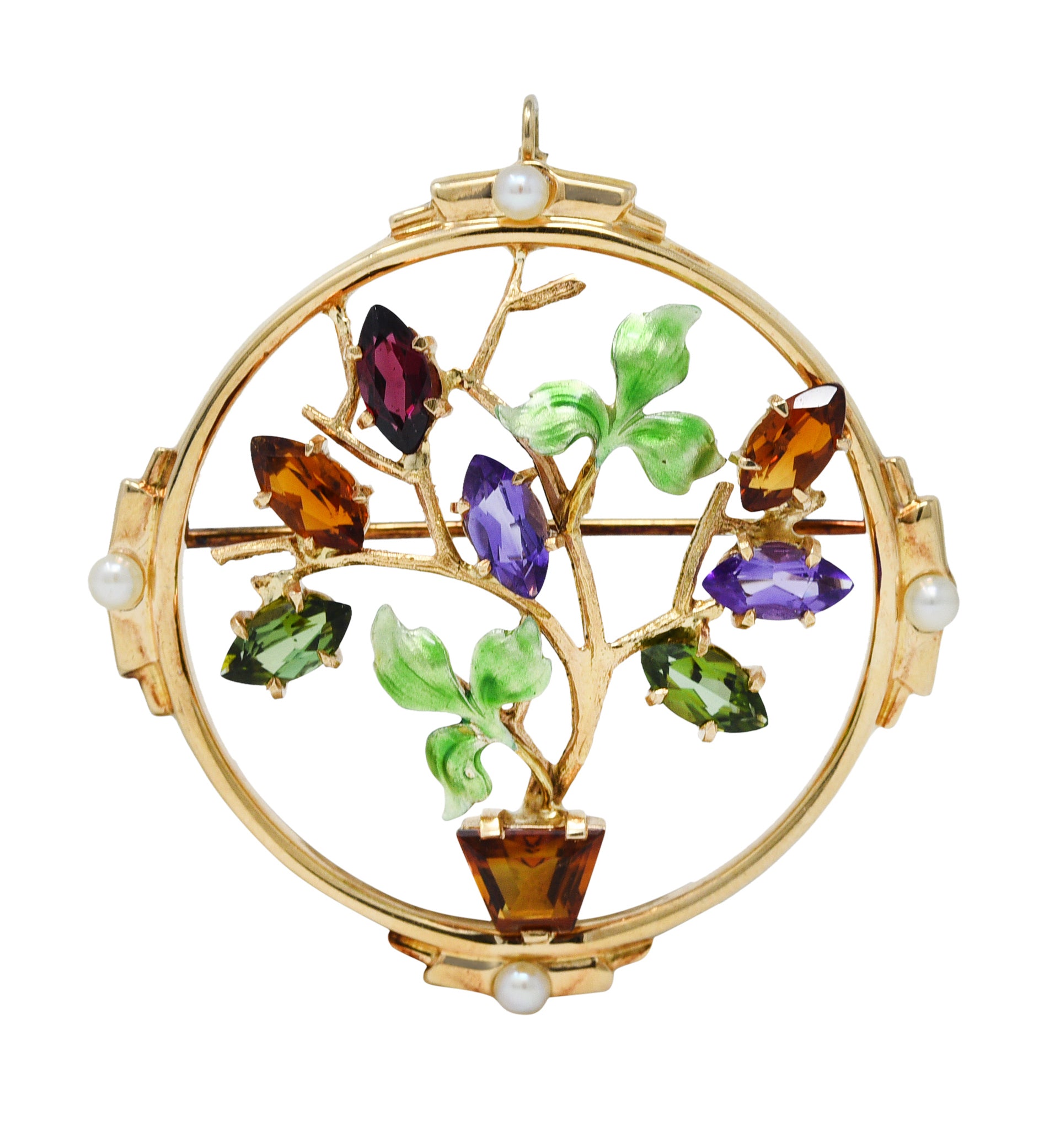 1930's Krementz Enamel Multi-Gem 14 Karat Gold Bouquet Pendant Brooch NecklaceNecklace - Wilson's Estate Jewelry