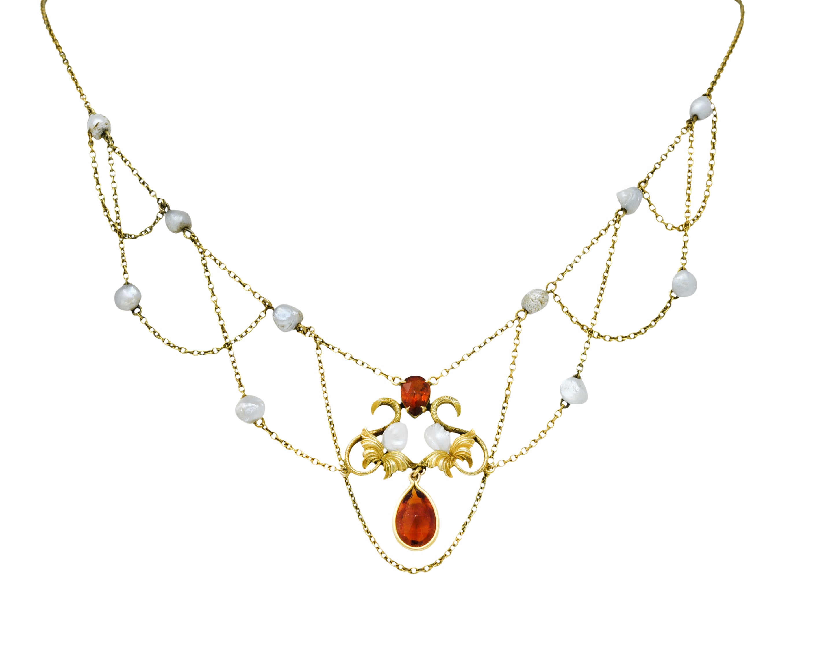 Art Nouveau Citrine Baroque Pearl 14 Karat Gold Swag NecklaceNecklace - Wilson's Estate Jewelry