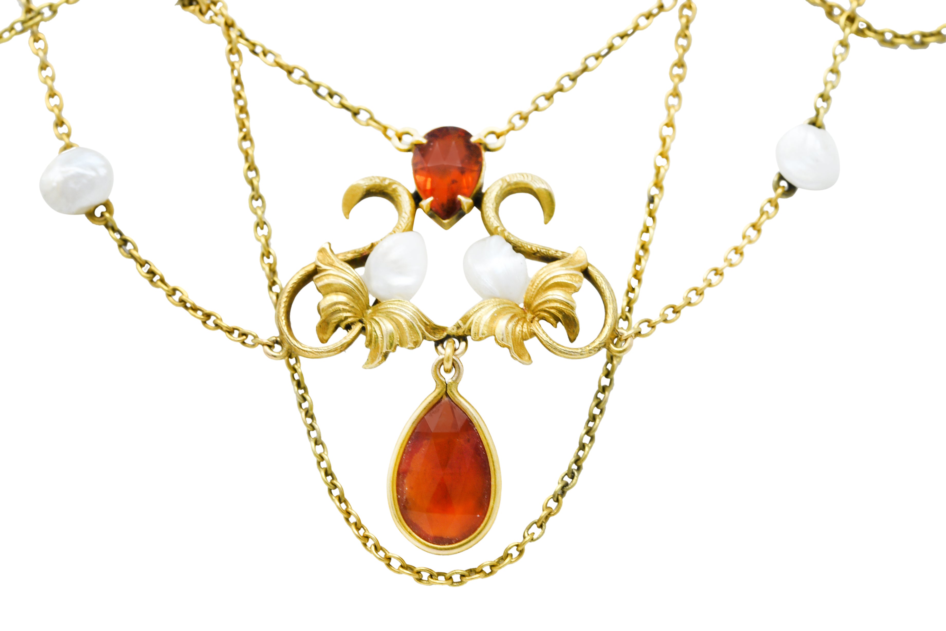 Art Nouveau Citrine Baroque Pearl 14 Karat Gold Swag NecklaceNecklace - Wilson's Estate Jewelry