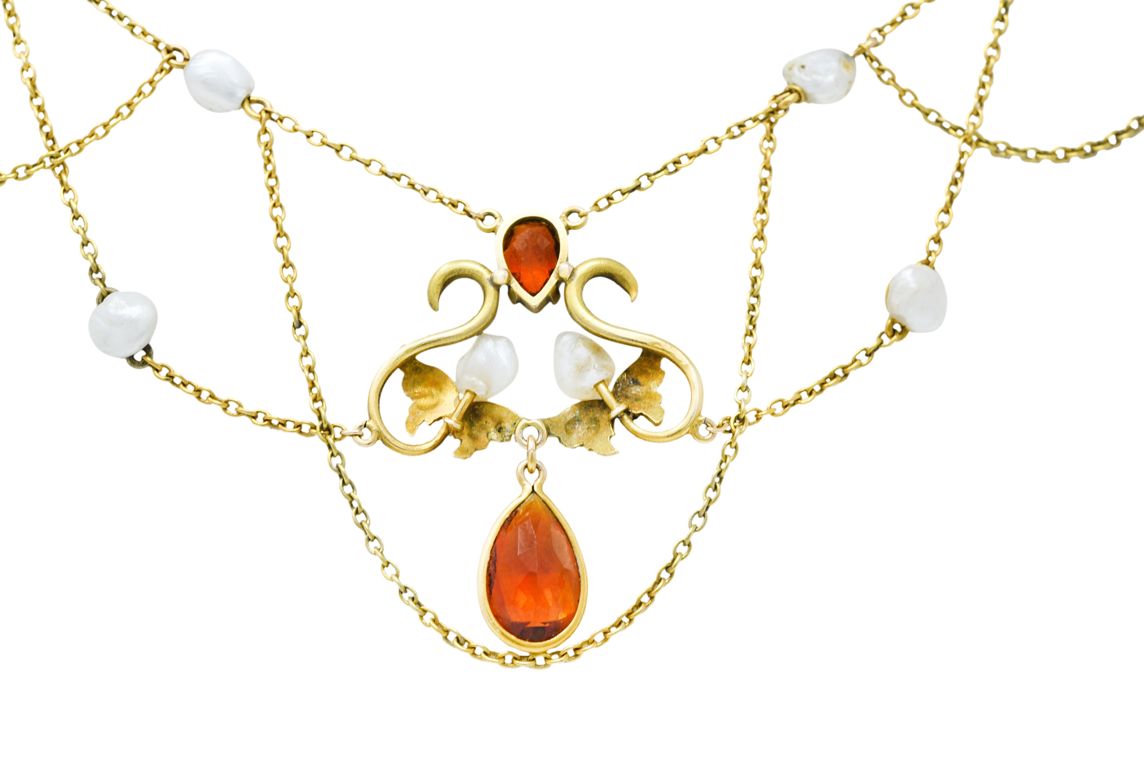 Art Nouveau Citrine Baroque Pearl 14 Karat Gold Swag NecklaceNecklace - Wilson's Estate Jewelry