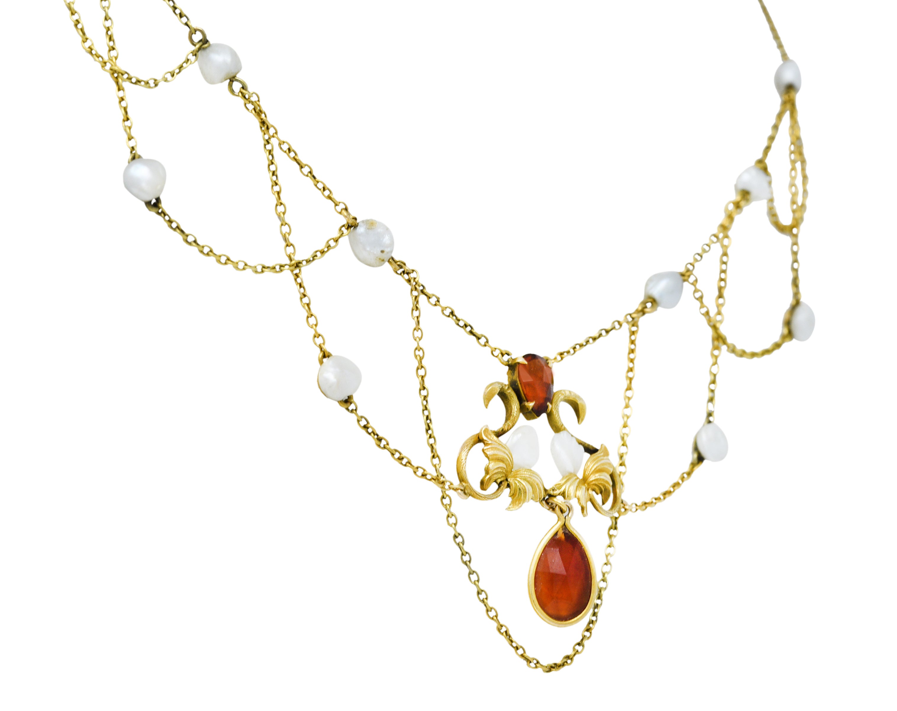 Art Nouveau Citrine Baroque Pearl 14 Karat Gold Swag NecklaceNecklace - Wilson's Estate Jewelry