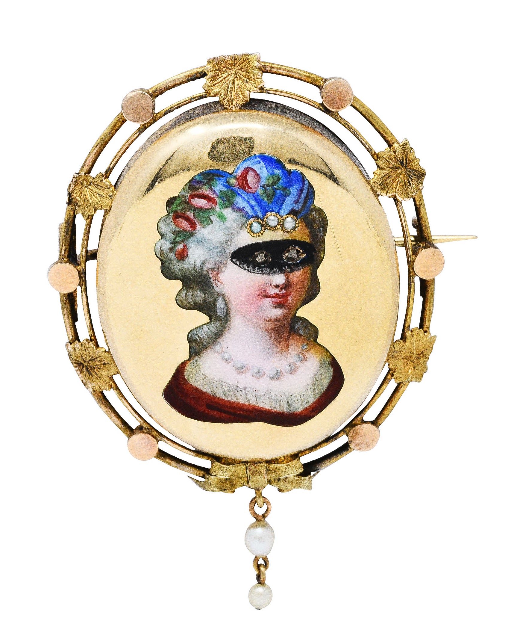 1860's Victorian Enamel Diamond Pearl 14 Karat Gold Masquerade BroochBrooch - Wilson's Estate Jewelry