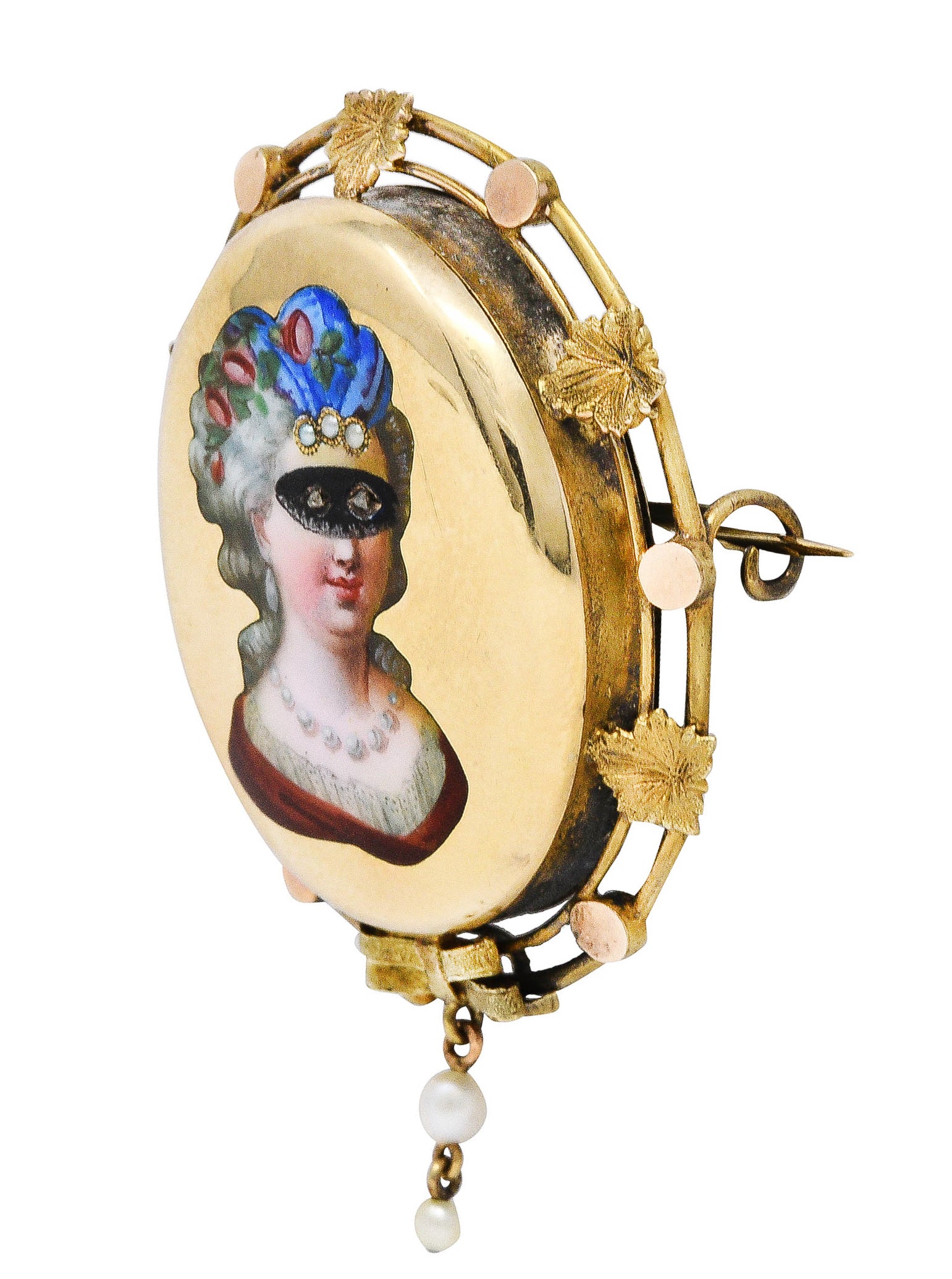 1860's Victorian Enamel Diamond Pearl 14 Karat Gold Masquerade BroochBrooch - Wilson's Estate Jewelry