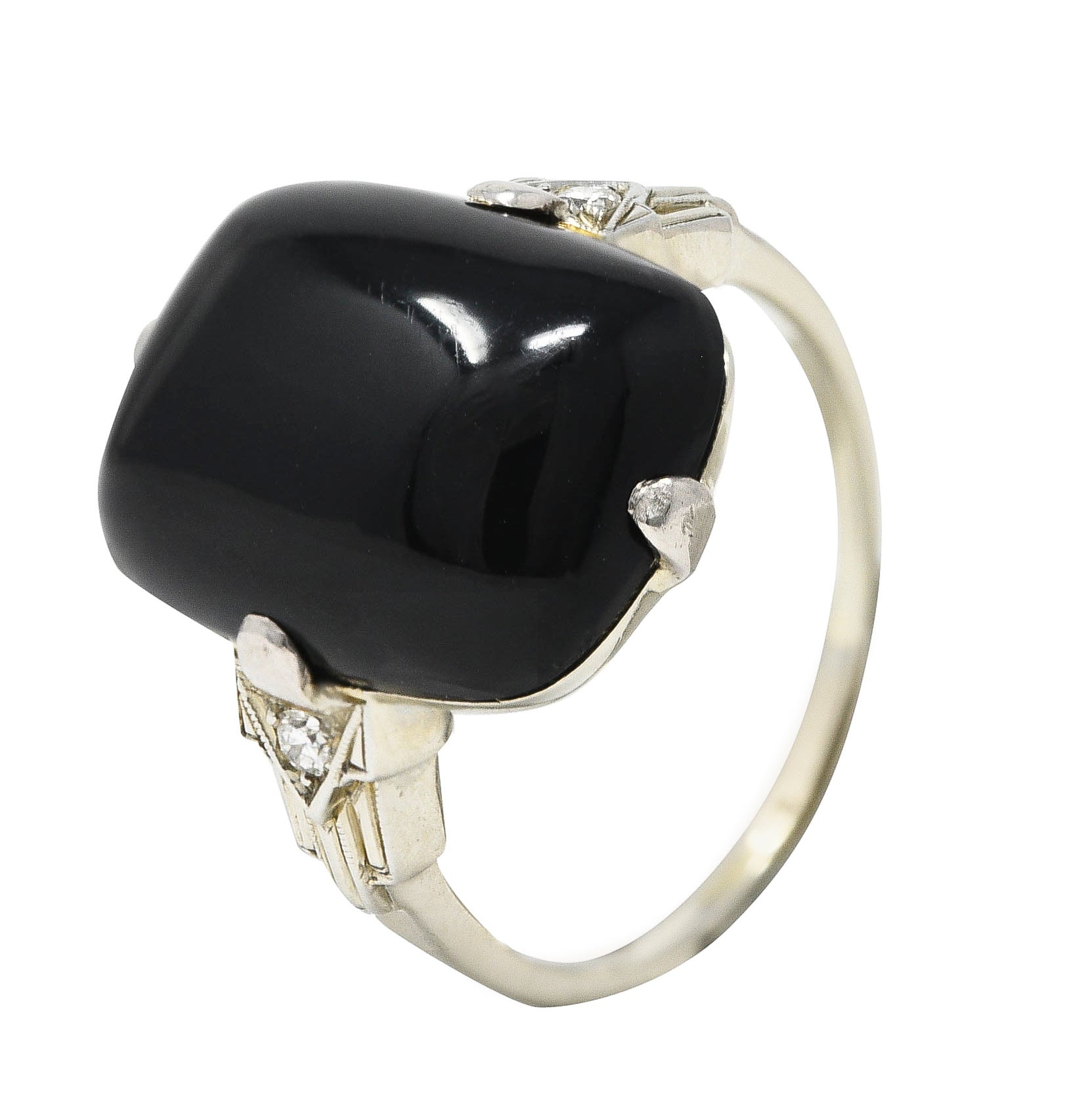 Felger Art Deco Cushion Onyx Diamond 14 Karat White Gold Stepped Shoulder Ring Wilson's Estate Jewelry