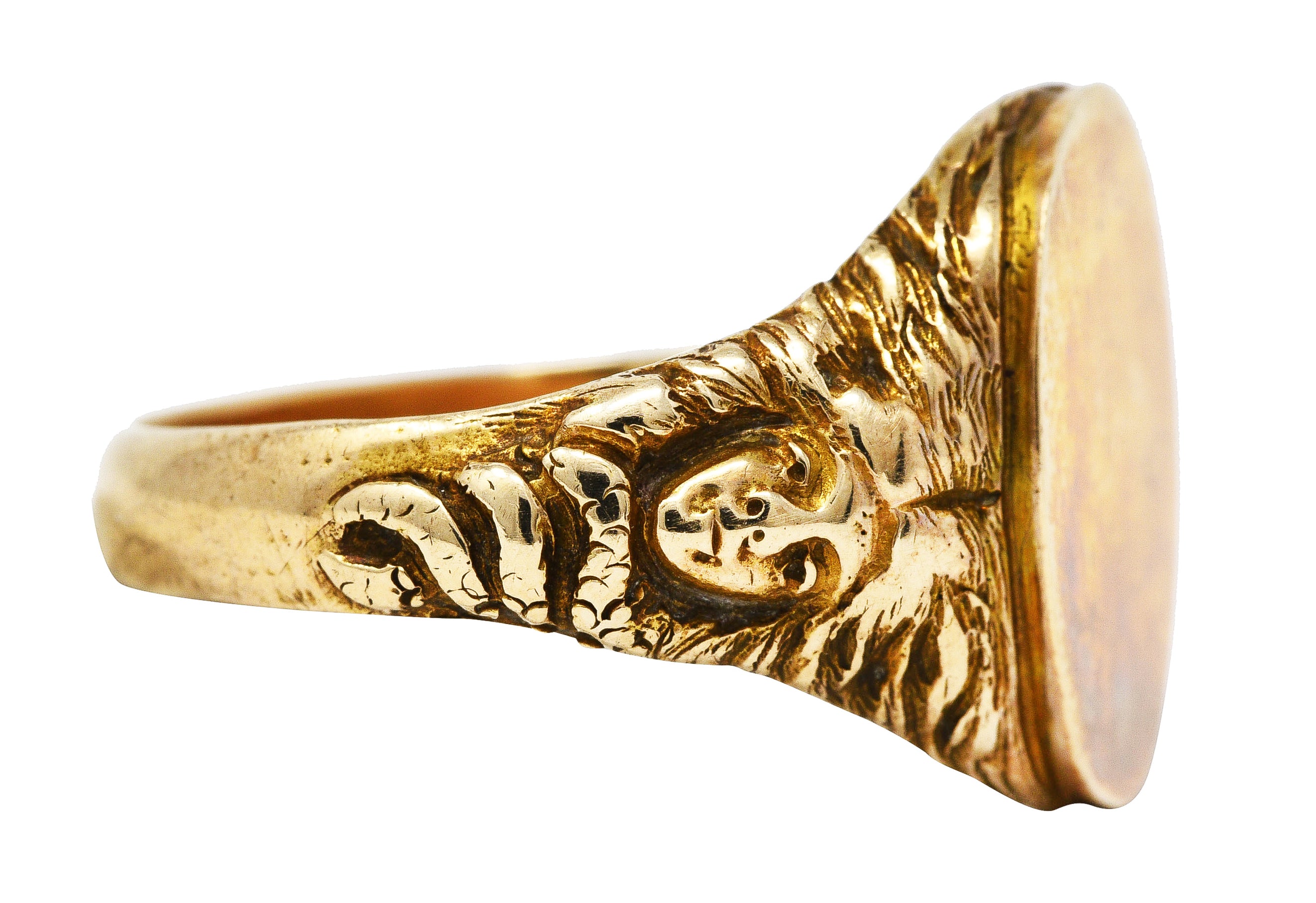 Art Nouveau 14 Karat Yellow Gold Medusa Snake Unisex Signet Antique Ring Wilson's Estate Jewelry