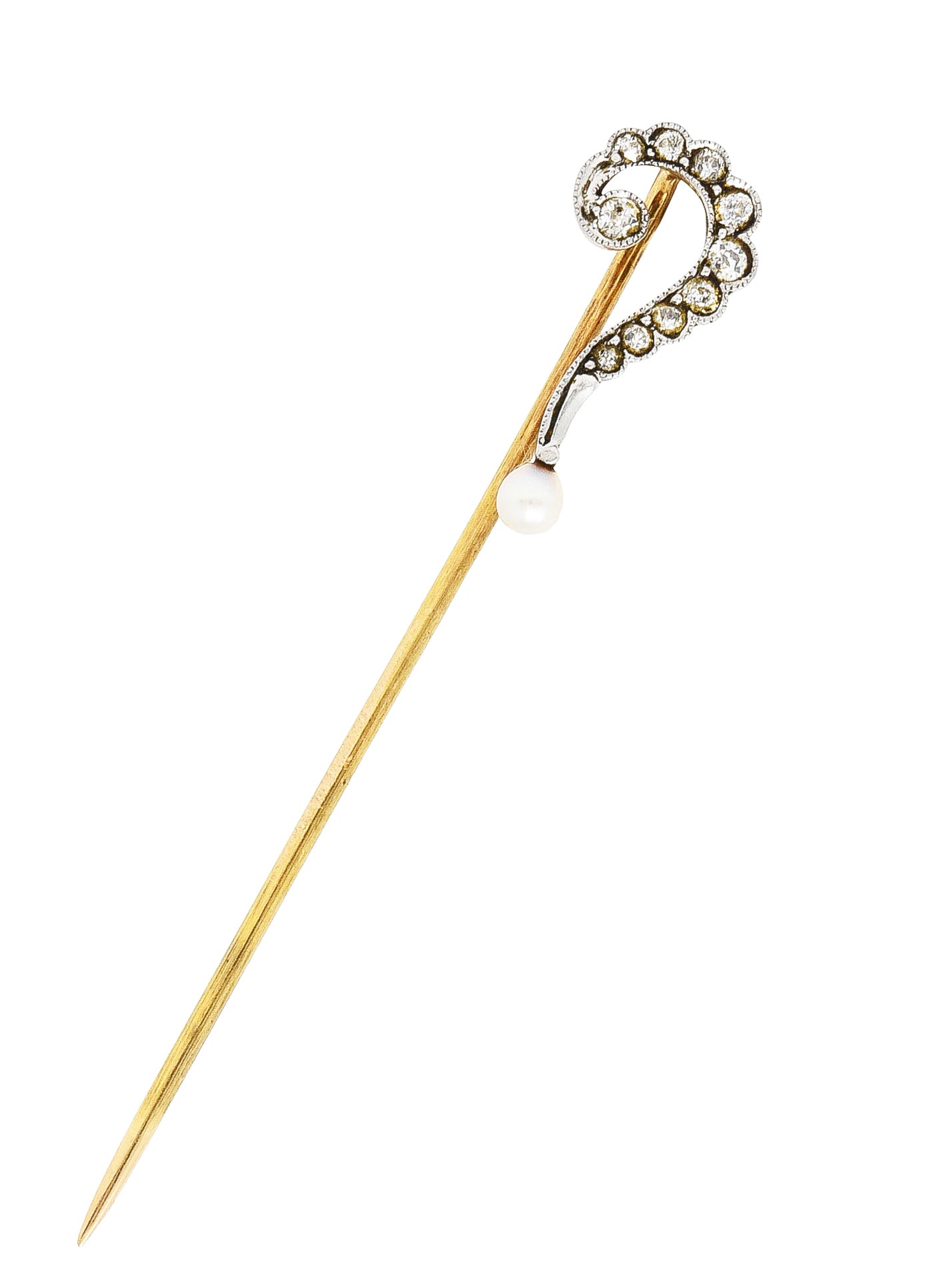 Edwardian Diamond Pearl Platinum-Topped 14 Karat Gold Antique Question Mark Stickpin Wilson's Estate Jewelry