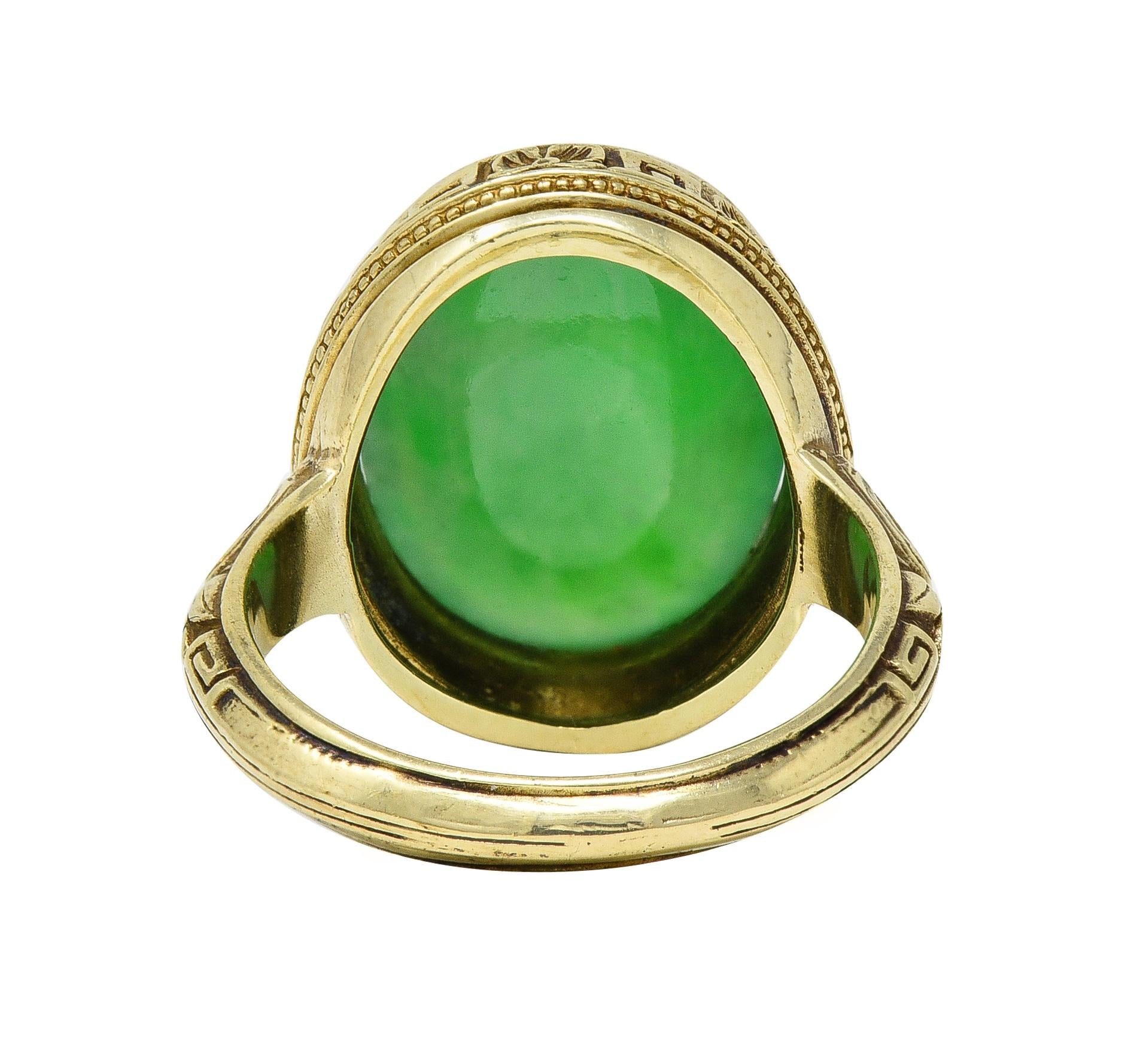 Allsopp Bros. Art Deco Natural Jade 14 Karat Yellow Gold Orange Blossom Ring GIA