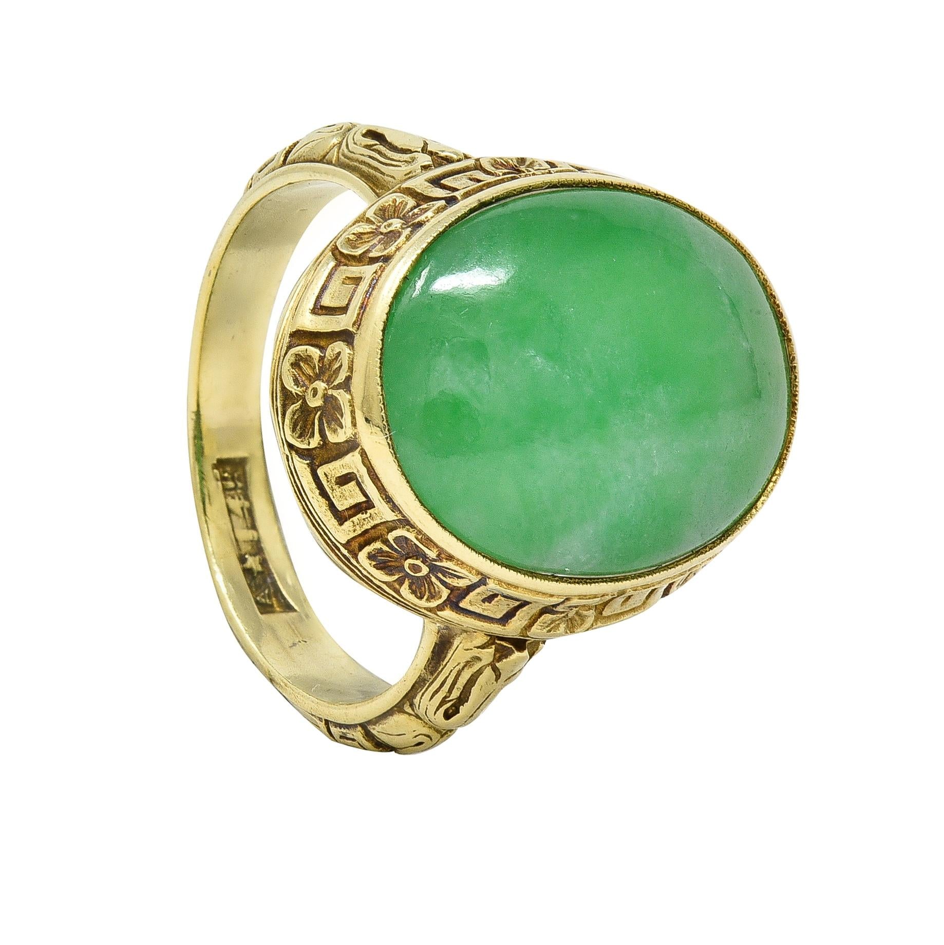 Allsopp Bros. Art Deco Natural Jade 14 Karat Yellow Gold Orange Blossom Ring GIA