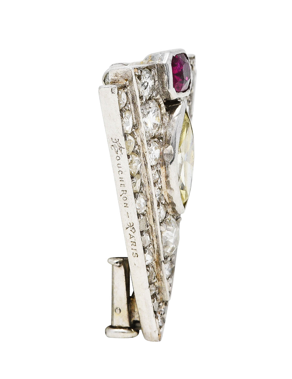 Art Deco Boucheron Paris 1.50 CTW Ruby Diamond Platinum Triangle Unisex Clip BroochBrooch - Wilson's Estate Jewelry