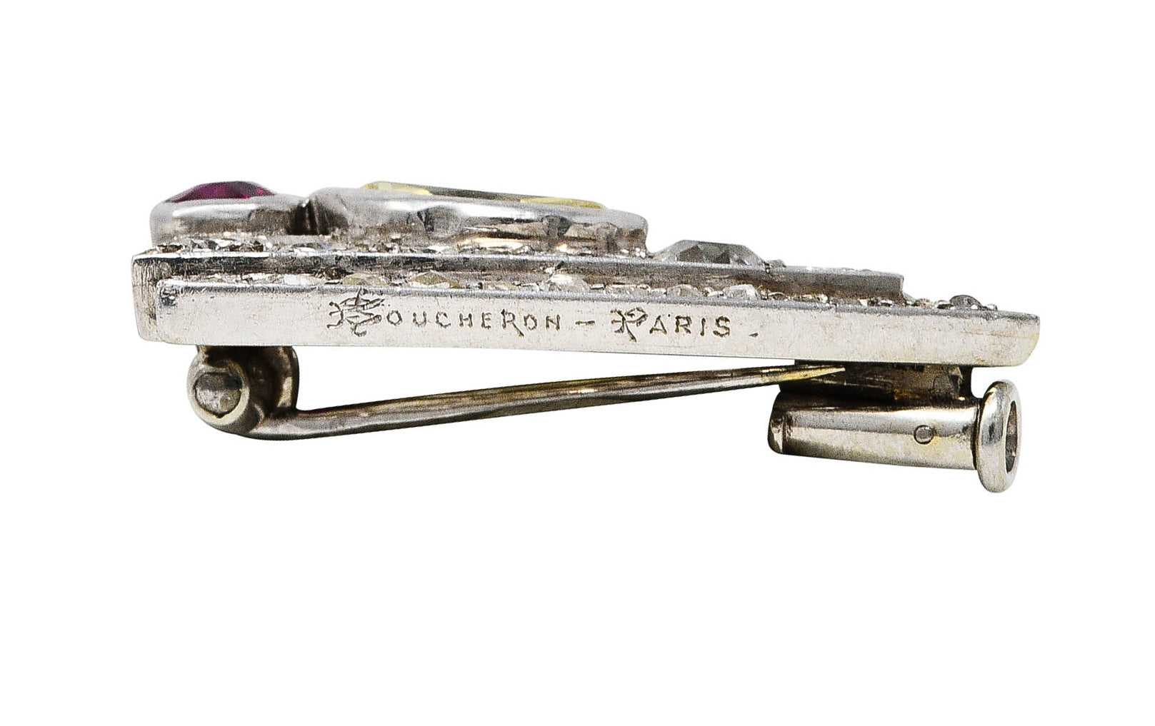 Art Deco Boucheron Paris 1.50 CTW Ruby Diamond Platinum Triangle Unisex Clip BroochBrooch - Wilson's Estate Jewelry