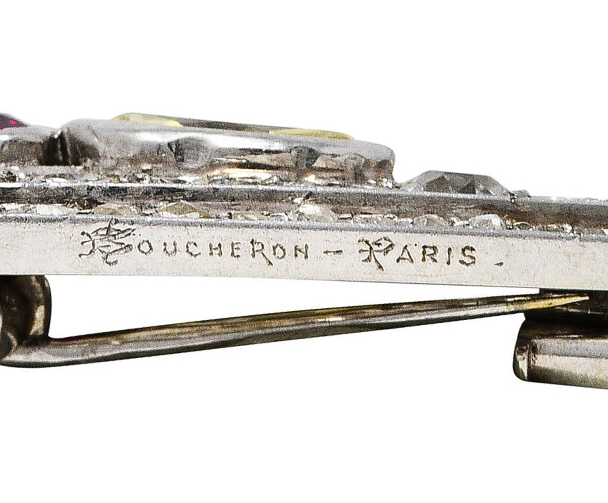 Art Deco Boucheron Paris 1.50 CTW Ruby Diamond Platinum Triangle Unisex Clip BroochBrooch - Wilson's Estate Jewelry