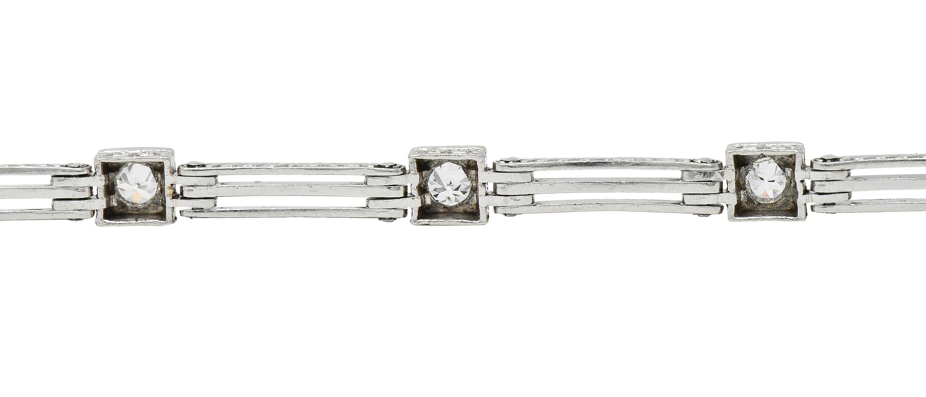 Art Deco Transitional Cut Diamond Platinum Wheat Station Link Antique Bracelet