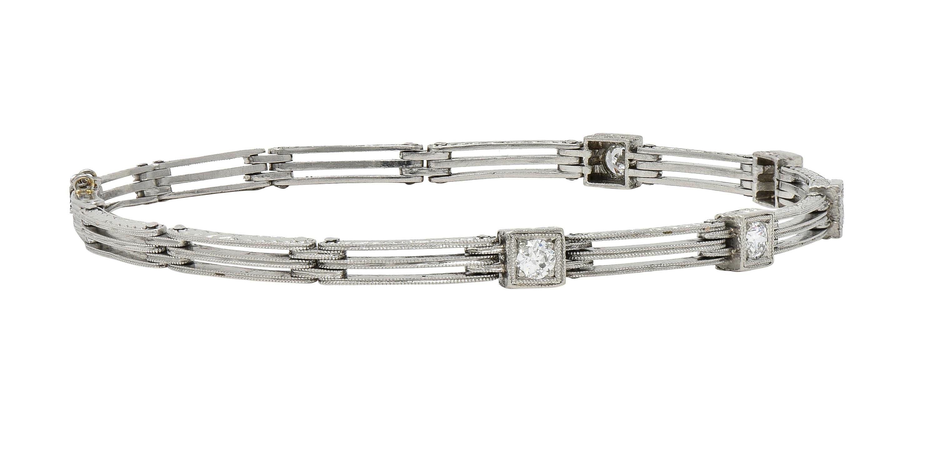 Art Deco Transitional Cut Diamond Platinum Wheat Station Link Antique Bracelet