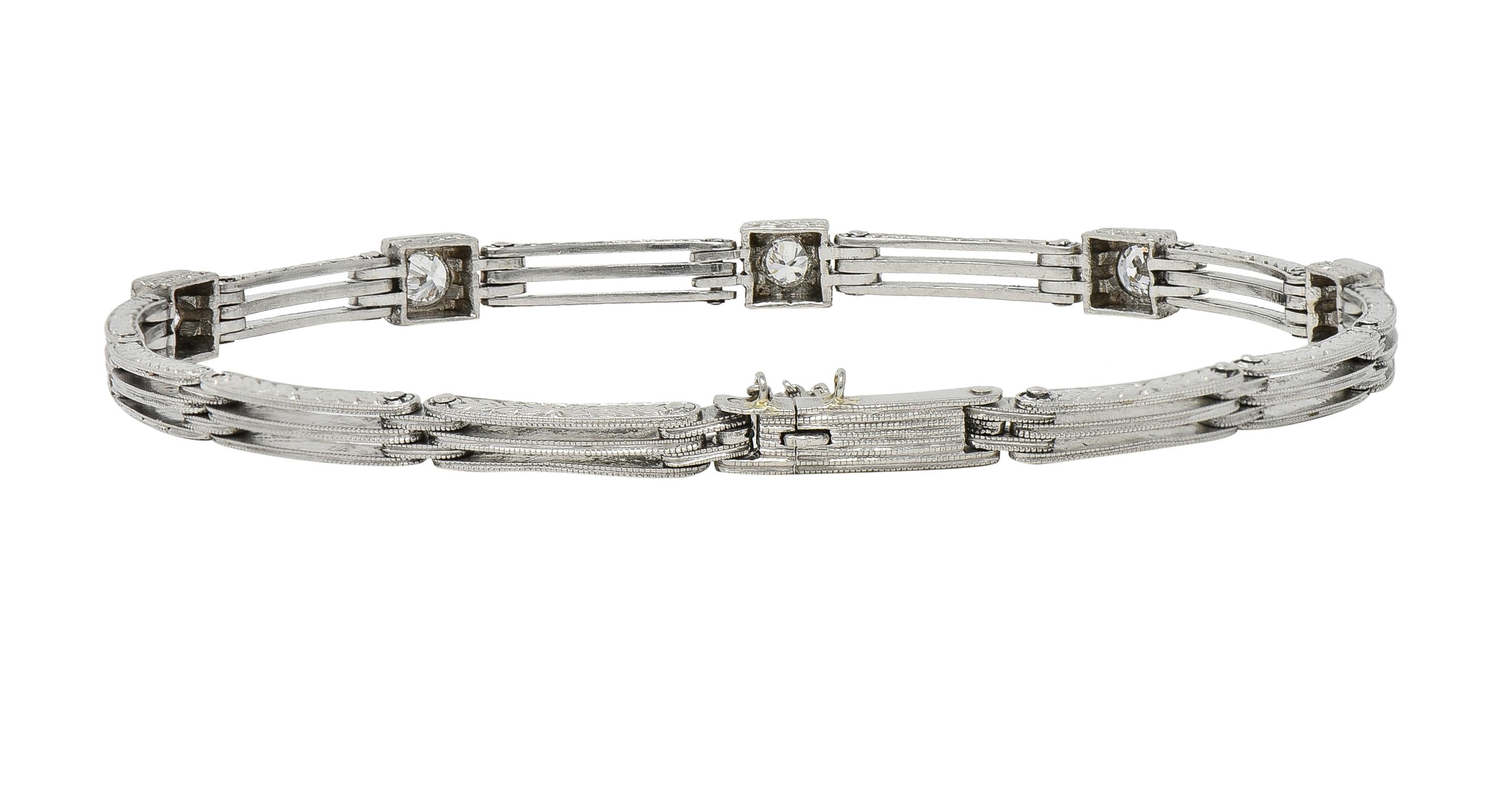 Art Deco Transitional Cut Diamond Platinum Wheat Station Link Antique Bracelet