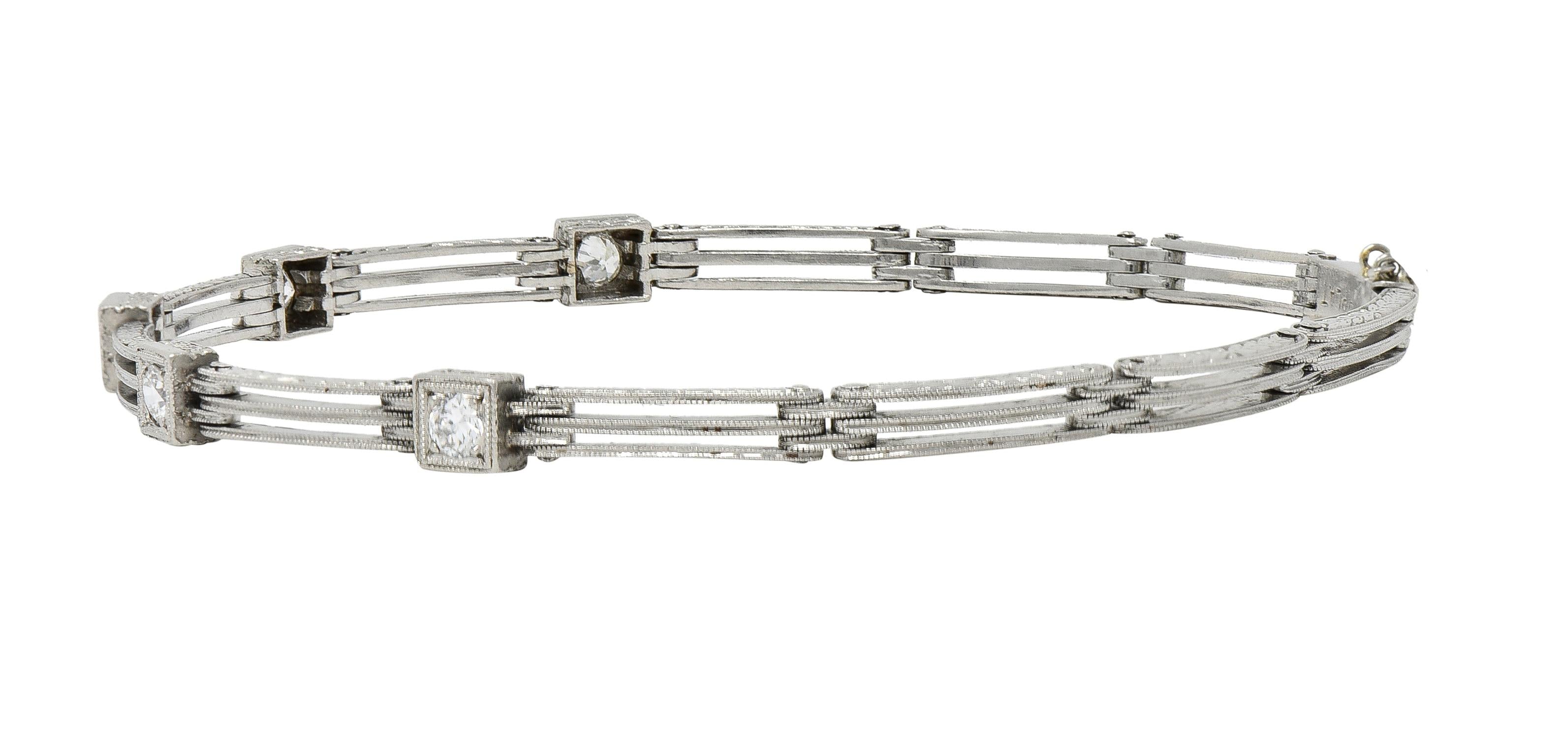 Art Deco Transitional Cut Diamond Platinum Wheat Station Link Antique Bracelet