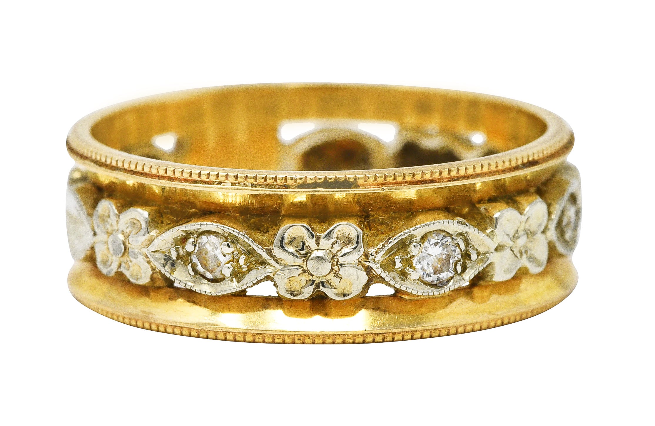 Art Deco Diamond 14 Karat Two-Tone Gold Floral Band Ring Wilson's Estate Jewelry