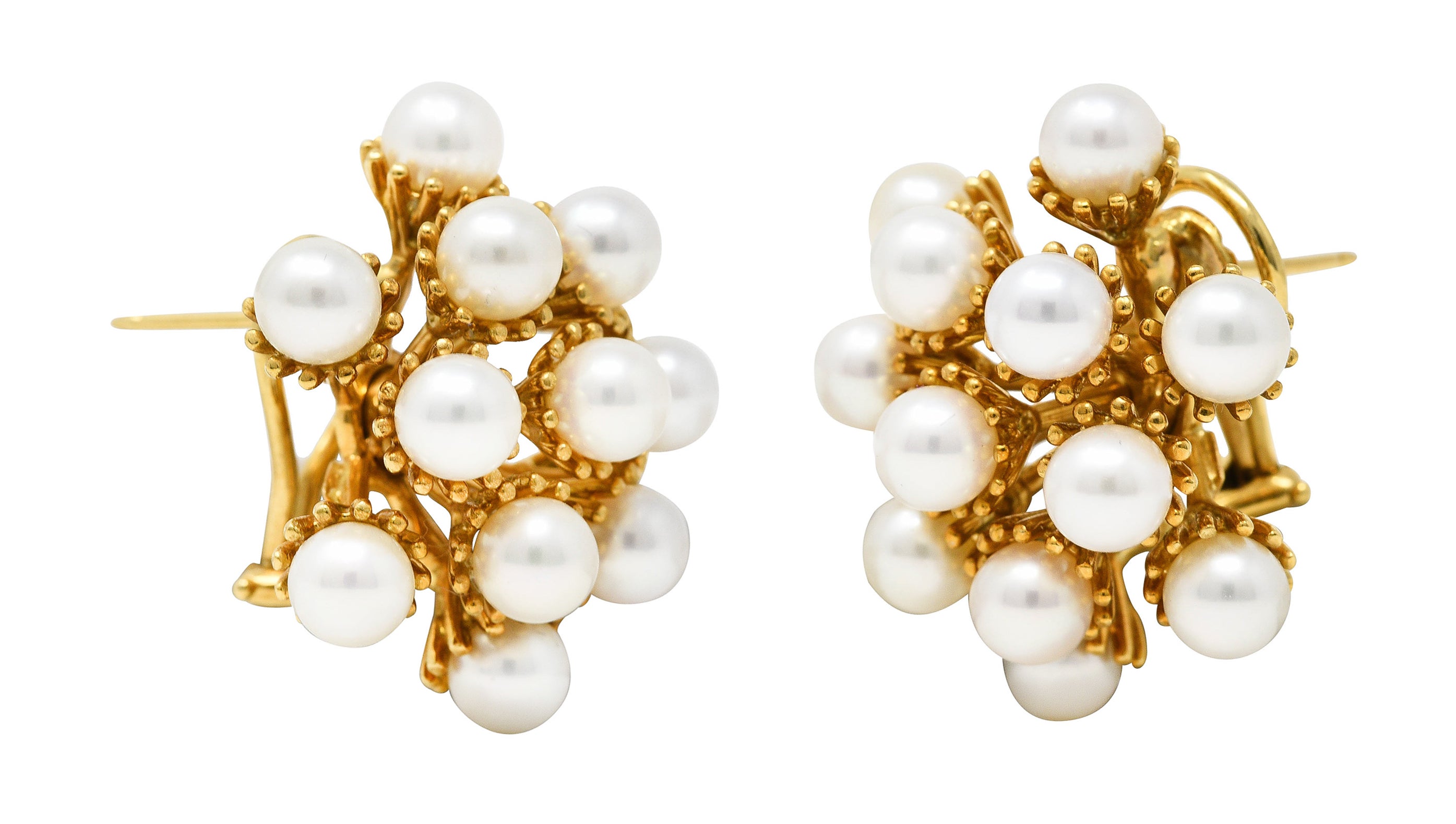 .11111 *Seaman Schepps 1960's Pearl 18 Karat Yellow Gold Burst Cluster Vintage Earrings Wilson's Estate Jewelry