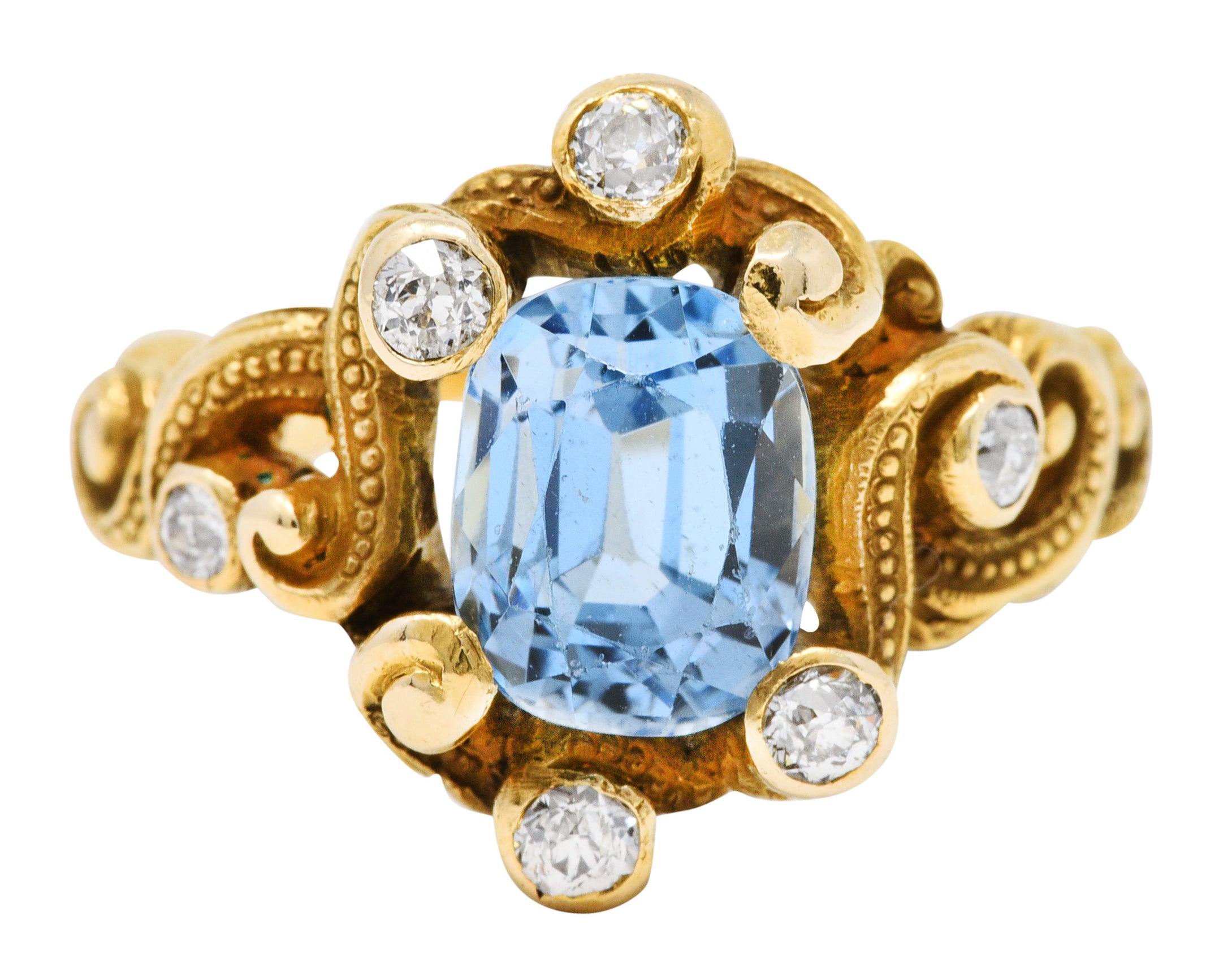 Art Nouveau 2.00 CTW Aquamarine Diamond 14 Karat Gold Whiplash RingRing - Wilson's Estate Jewelry