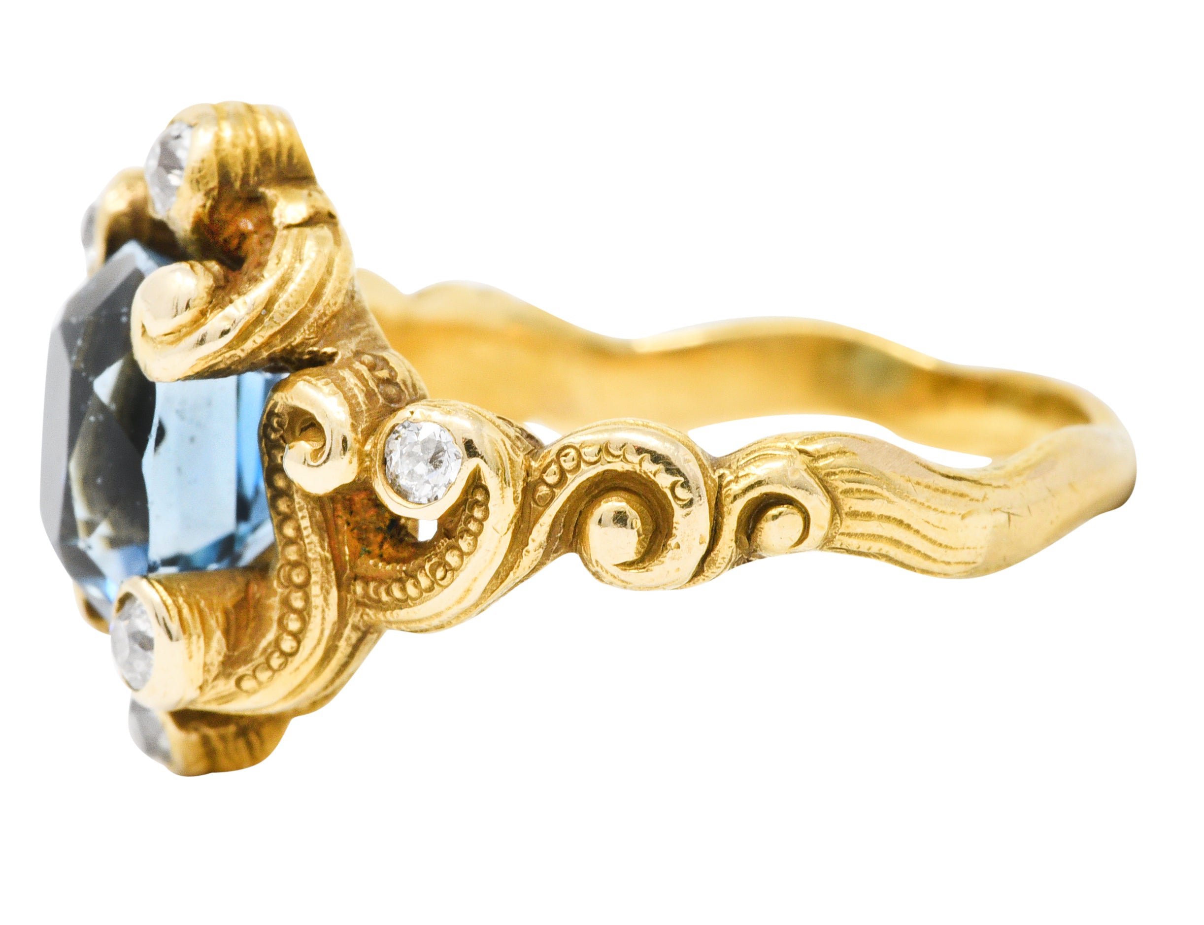 Art Nouveau 2.00 CTW Aquamarine Diamond 14 Karat Gold Whiplash RingRing - Wilson's Estate Jewelry