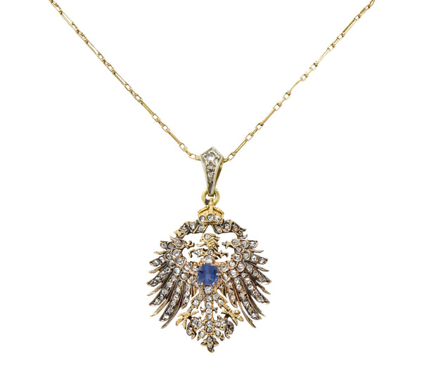 Victorian Diamond Sapphire 14 Karat Gold Prussian Eagle Antique Pendant Necklace