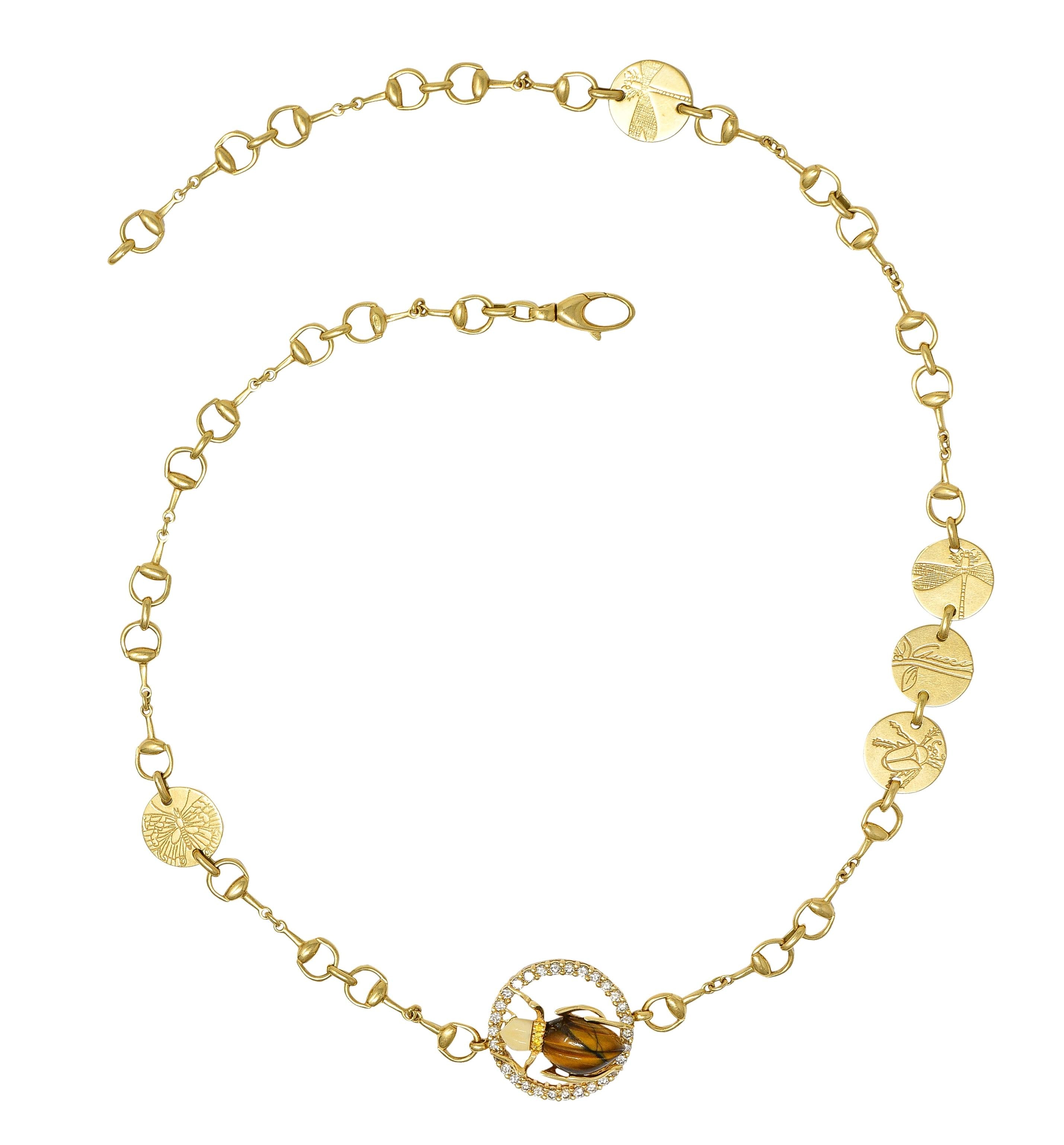 Gucci 2010 Diamond Tiger's Eye 18 Karat Yellow Gold Beetle Horsebit Necklace