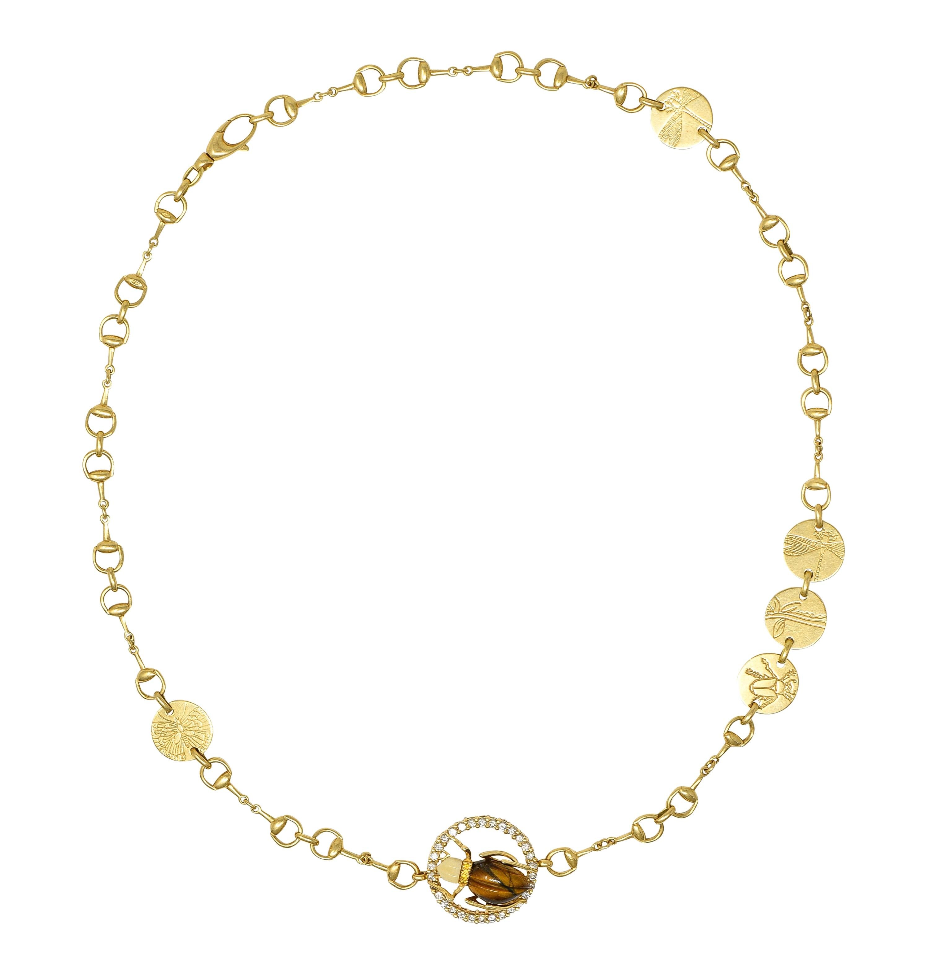 Gucci 2010 Diamond Tiger's Eye 18 Karat Yellow Gold Beetle Horsebit Necklace