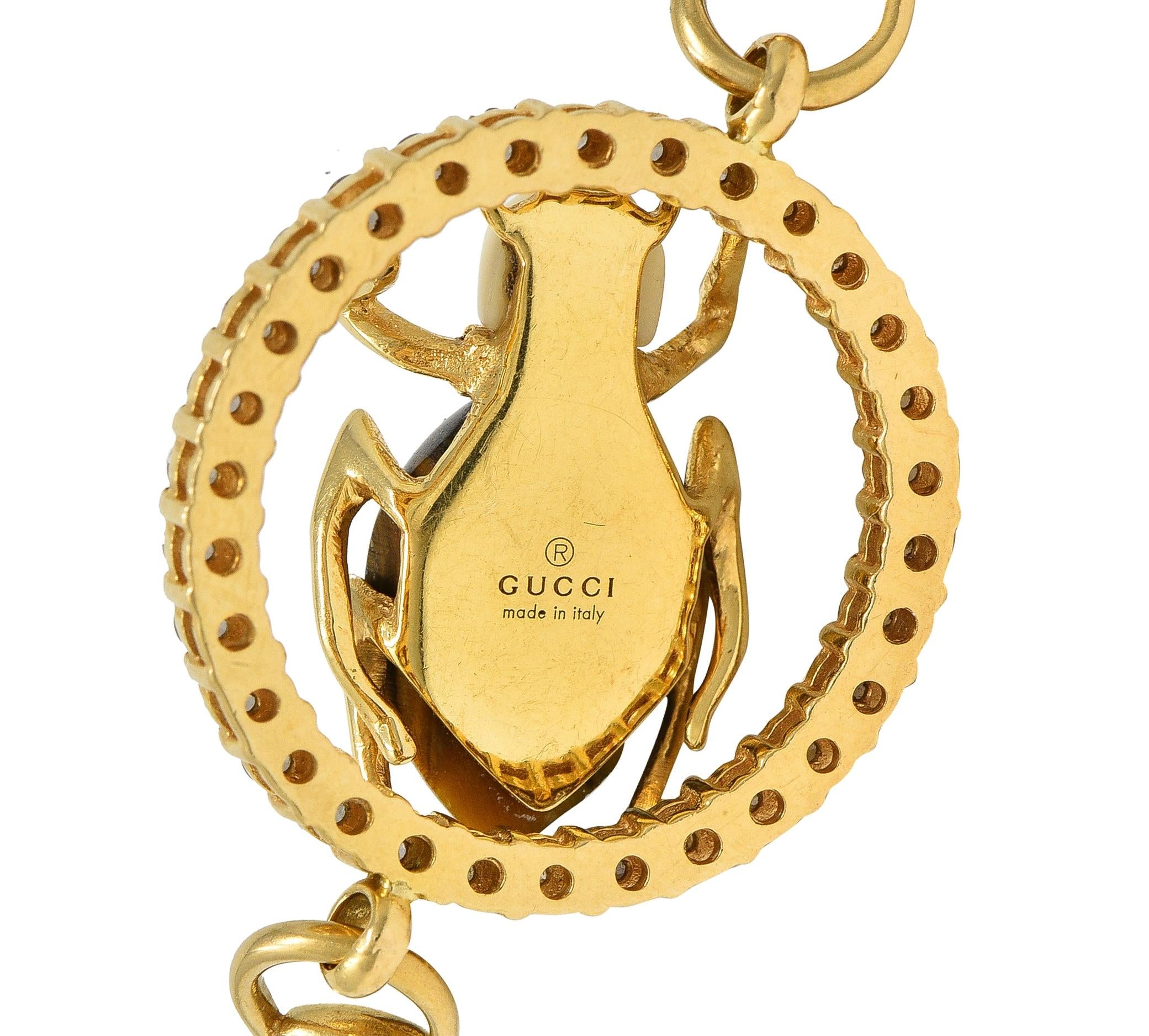 Gucci 2010 Diamond Tiger's Eye 18 Karat Yellow Gold Beetle Horsebit Necklace