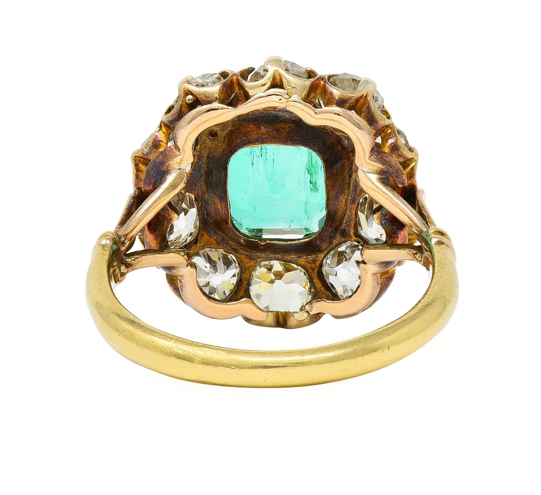 Victorian 4.28 CTW Colombian Emerald Diamond 18 Karat Yellow Gold Halo Ring GIA