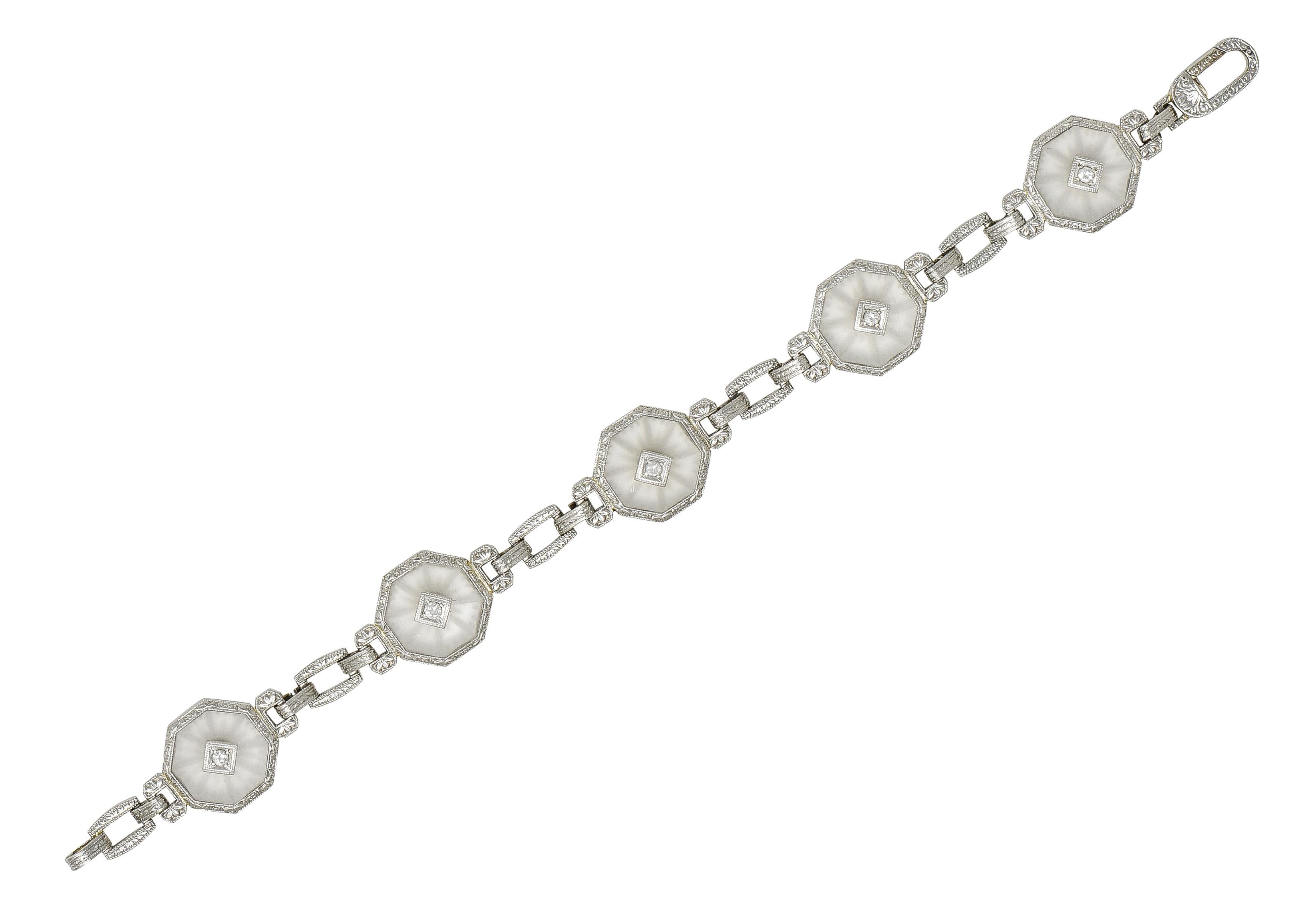 Taylor & Co. Art Deco Diamond Camphor Glass 18 Karat White Gold Link Bracelet