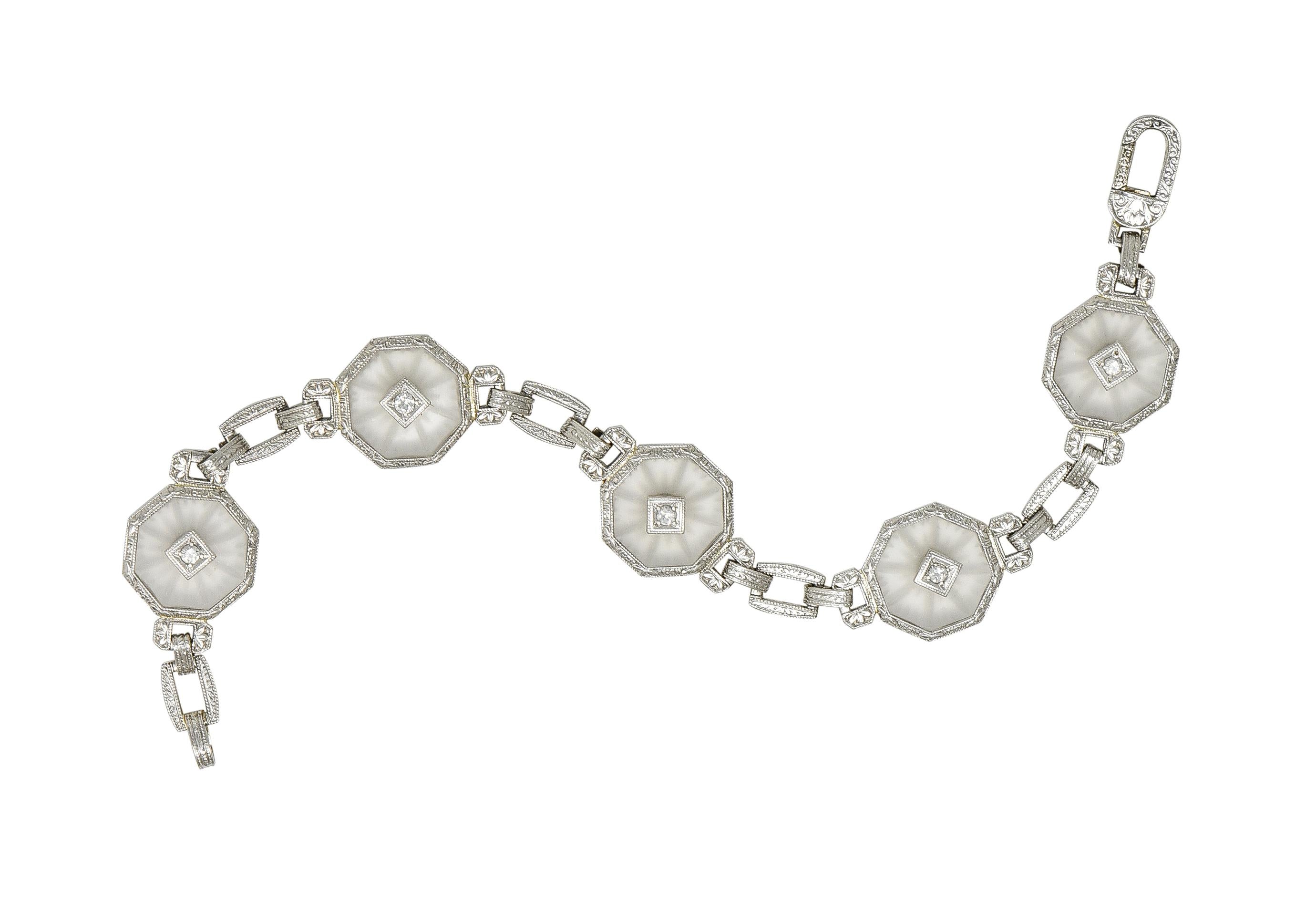 Taylor & Co. Art Deco Diamond Camphor Glass 18 Karat White Gold Link Bracelet