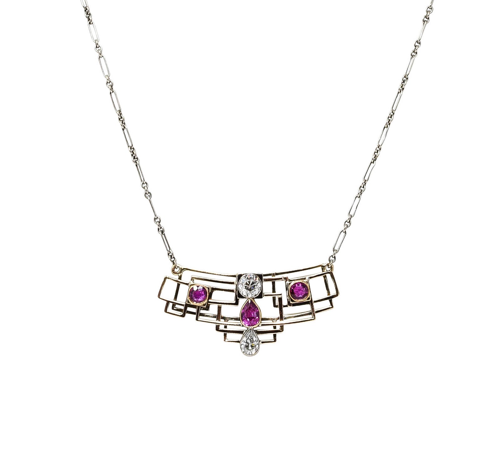 Art Deco 2.07 CTW Ruby Diamond 18 Karat Two-Tone Gold Geometric Station NecklaceNecklace - Wilson's Estate Jewelry