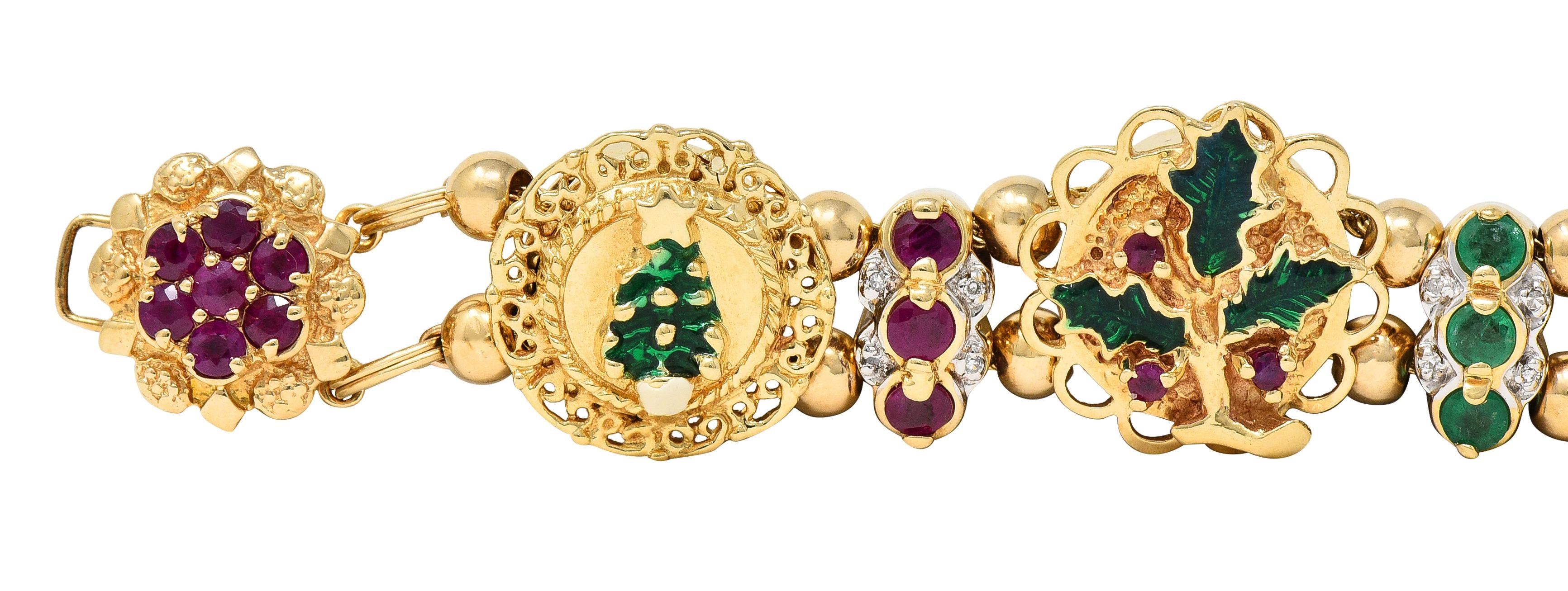 1990s Ruby Emerald Diamond Garnet Enamel 14 Karat Gold Christmas Slide Bracelet