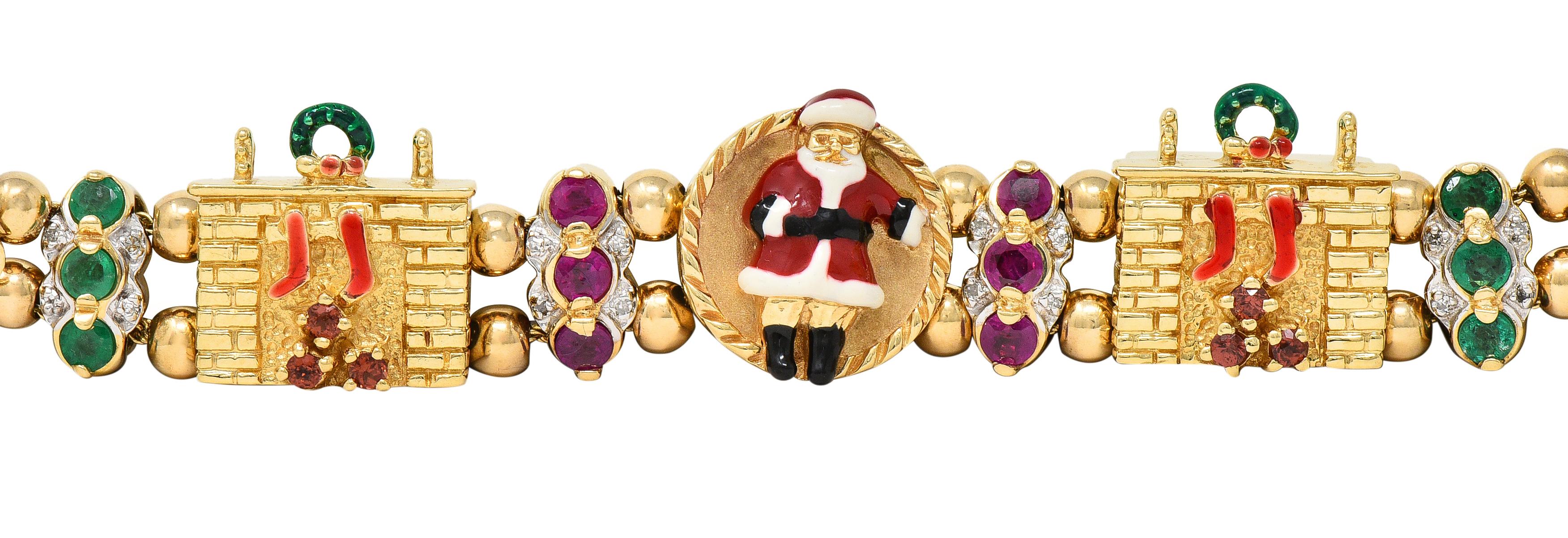 1990s Ruby Emerald Diamond Garnet Enamel 14 Karat Gold Christmas Slide Bracelet