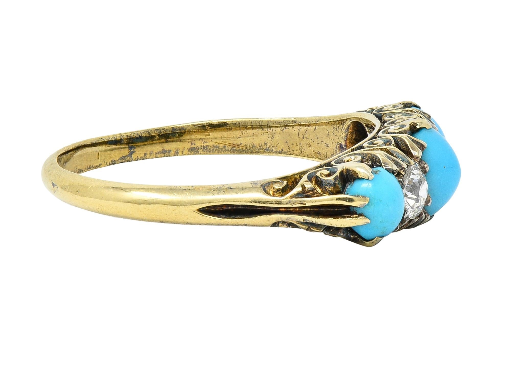 Victorian Turquoise Diamond 18 Karat Yellow Gold Scrolling Antique Band Ring