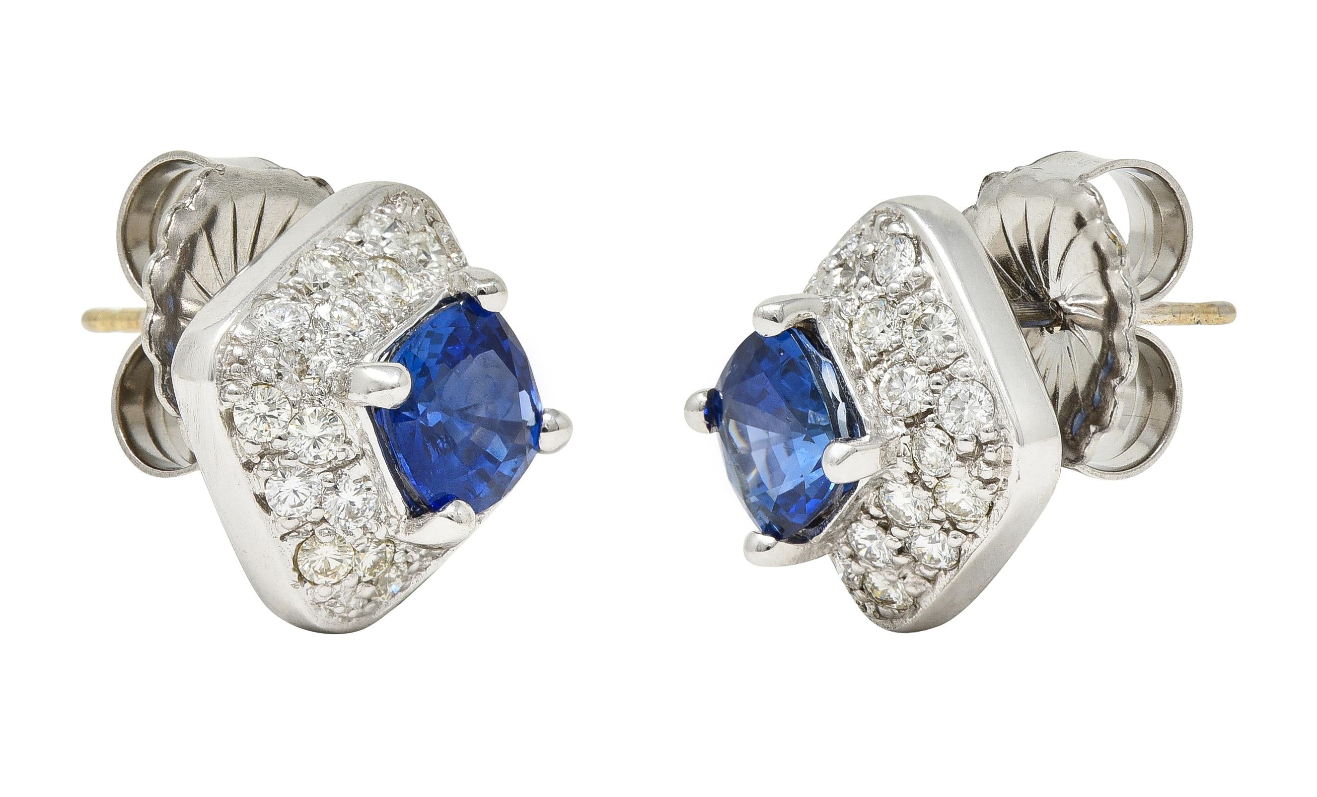 Contemporary 3.44 CTW Sapphire Diamond 18 Karat White Gold Cushion Stud Earrings