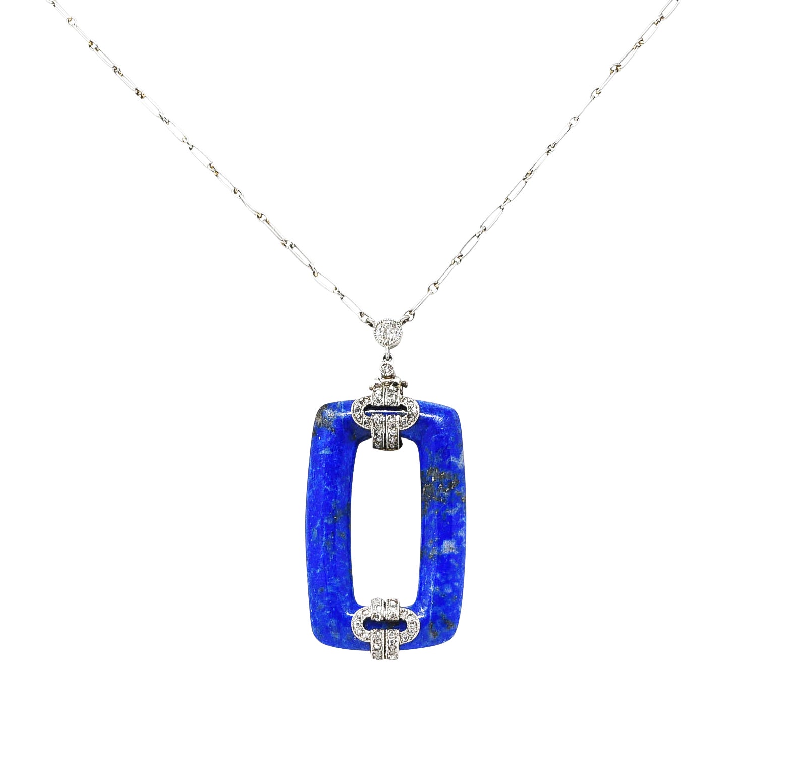 Art Deco 0.65 CTW Diamond Lapis Lazuli Platinum Cushion Drop NecklaceNecklace - Wilson's Estate Jewelry