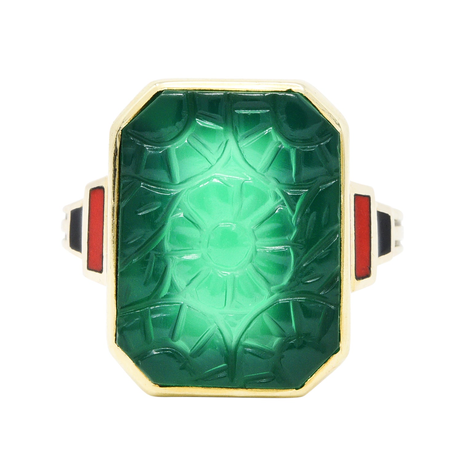 Allsopp Bros. Art Deco Chrysoprase Enamel 10 Karat Gold Carved Floral RingRing - Wilson's Estate Jewelry