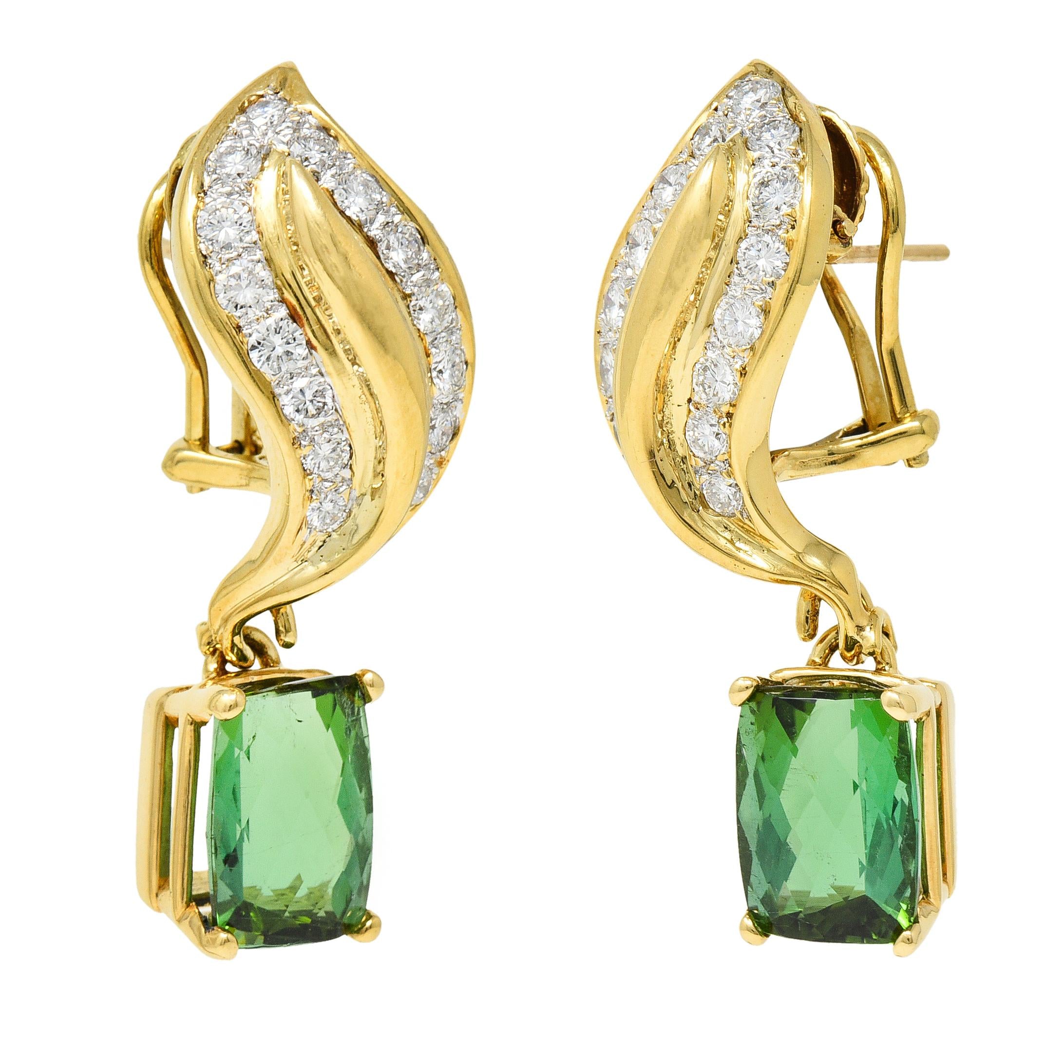 1980's 7.38 CTW Diamond Tourmaline 18 Karat Yellow Gold Leaf Drop Earrings