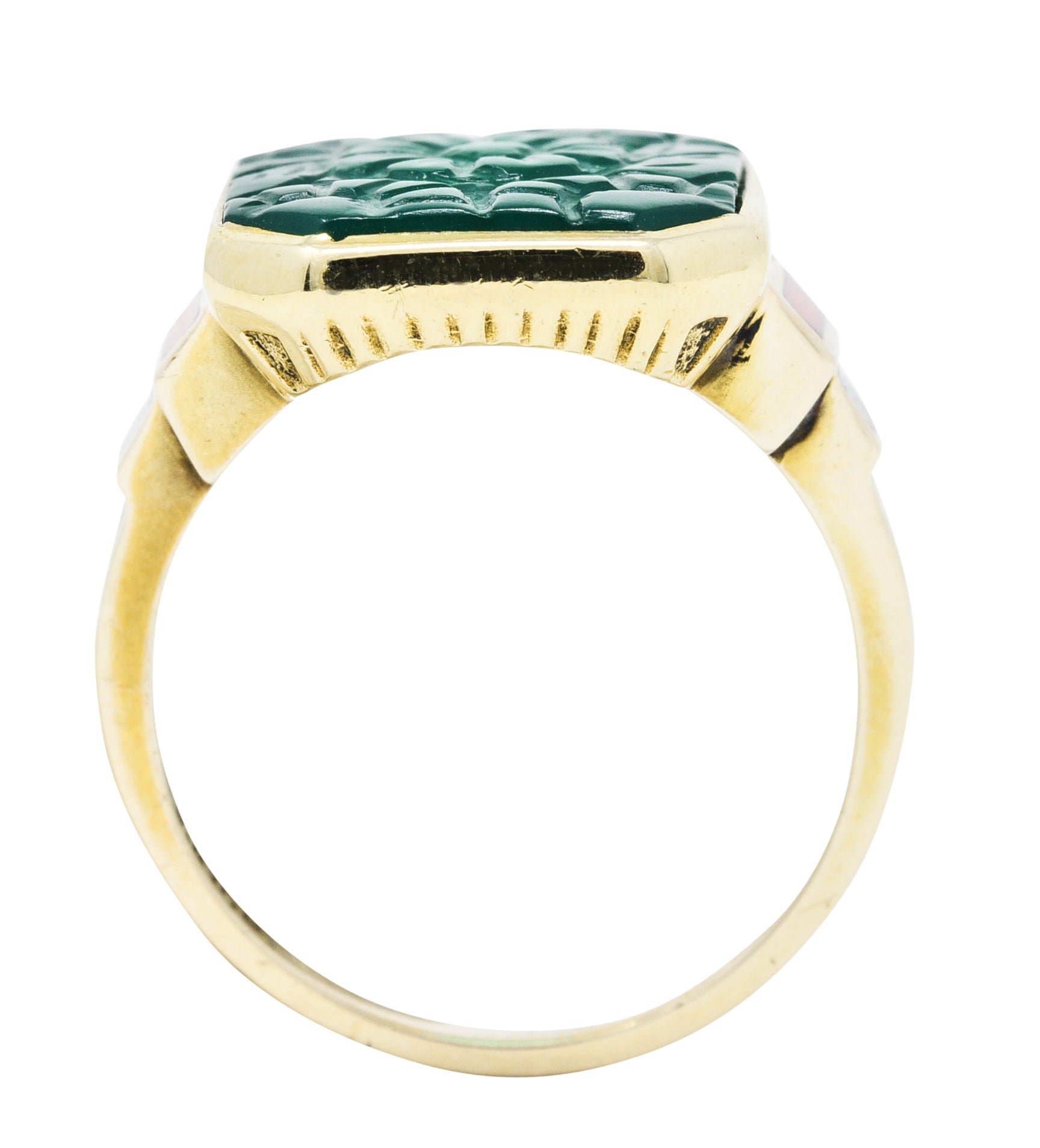 Allsopp Bros. Art Deco Chrysoprase Enamel 10 Karat Gold Carved Floral RingRing - Wilson's Estate Jewelry