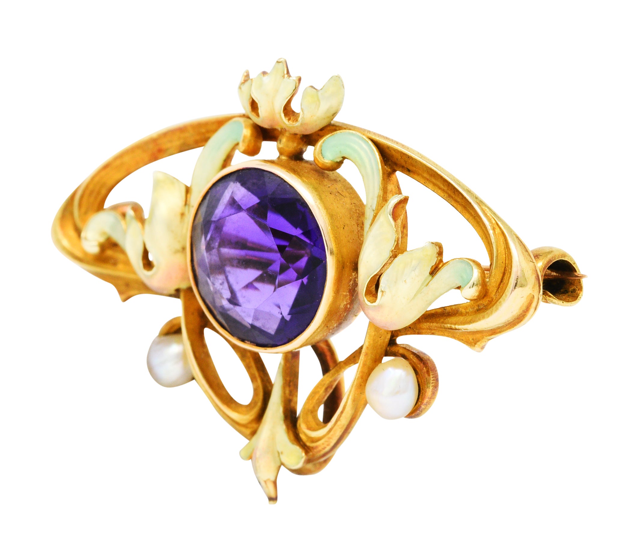 Whiteside & Blank Art Nouveau Amethyst Enamel 14 Karat Gold BroochBrooch - Wilson's Estate Jewelry