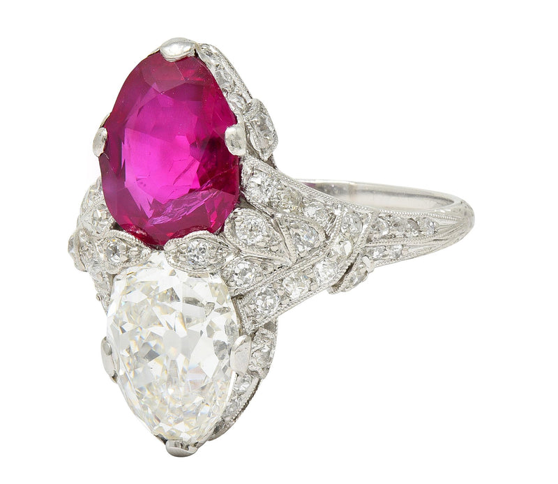 Art Deco Diamond No Heat Burma Ruby Platinum Toi-Et-Moi Antique Ring GIA AGL