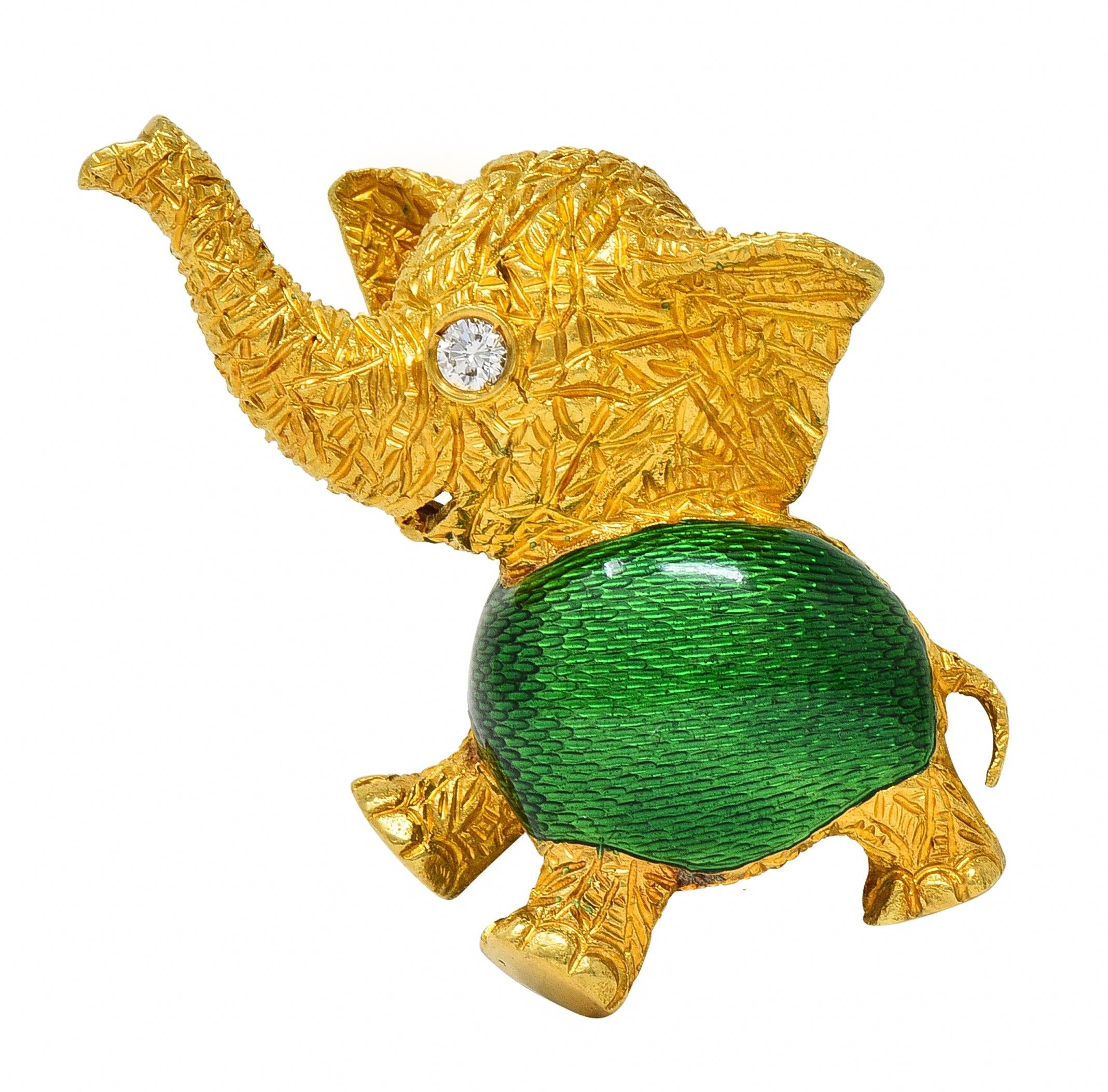 1960's Diamond Basse-Taille Enamel 18 Karat Yellow Gold Elephant Brooch