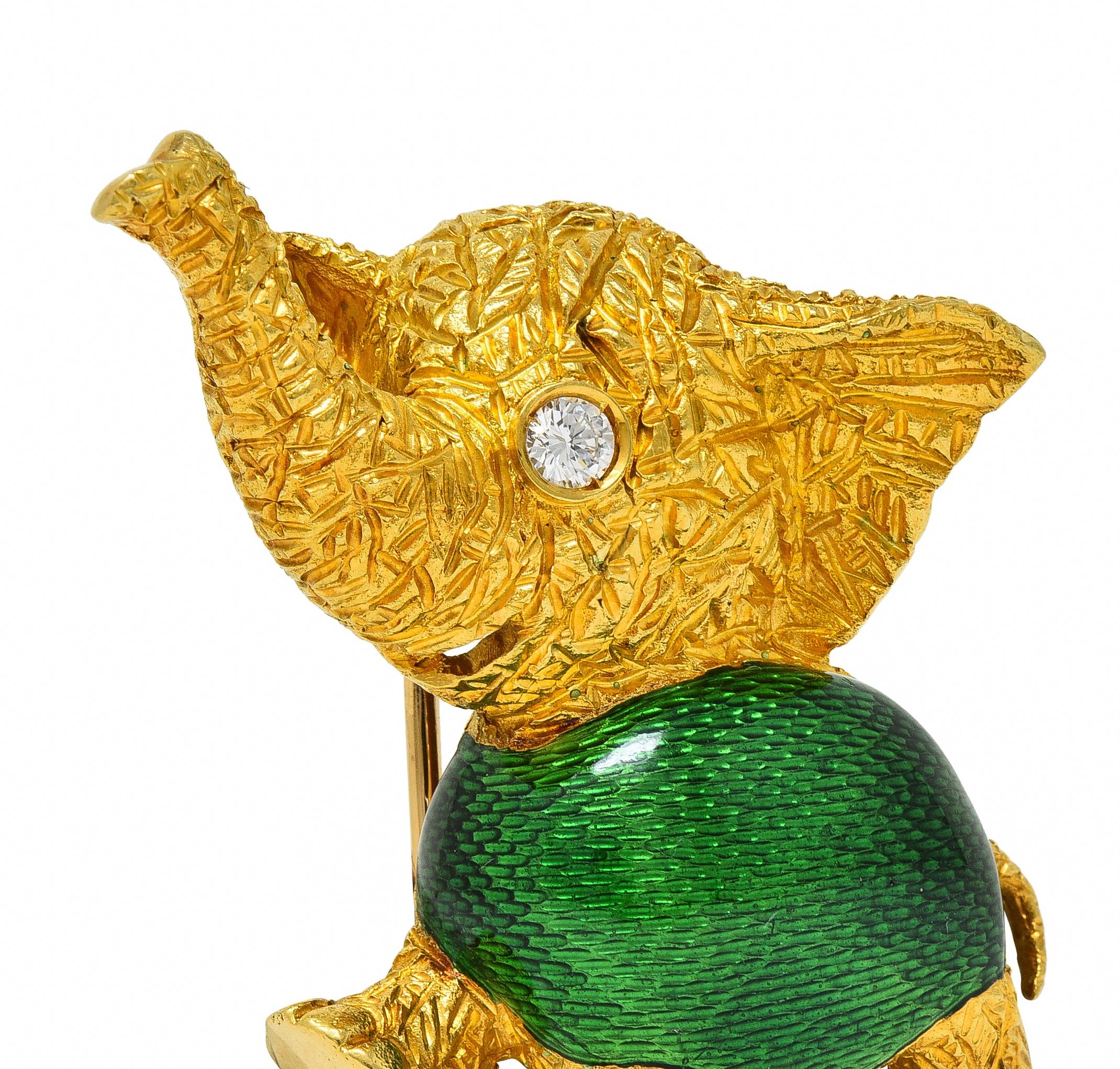 1960's Diamond Basse-Taille Enamel 18 Karat Yellow Gold Elephant Brooch