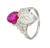 Art Deco Diamond No Heat Burma Ruby Platinum Toi-Et-Moi Antique Ring GIA AGL